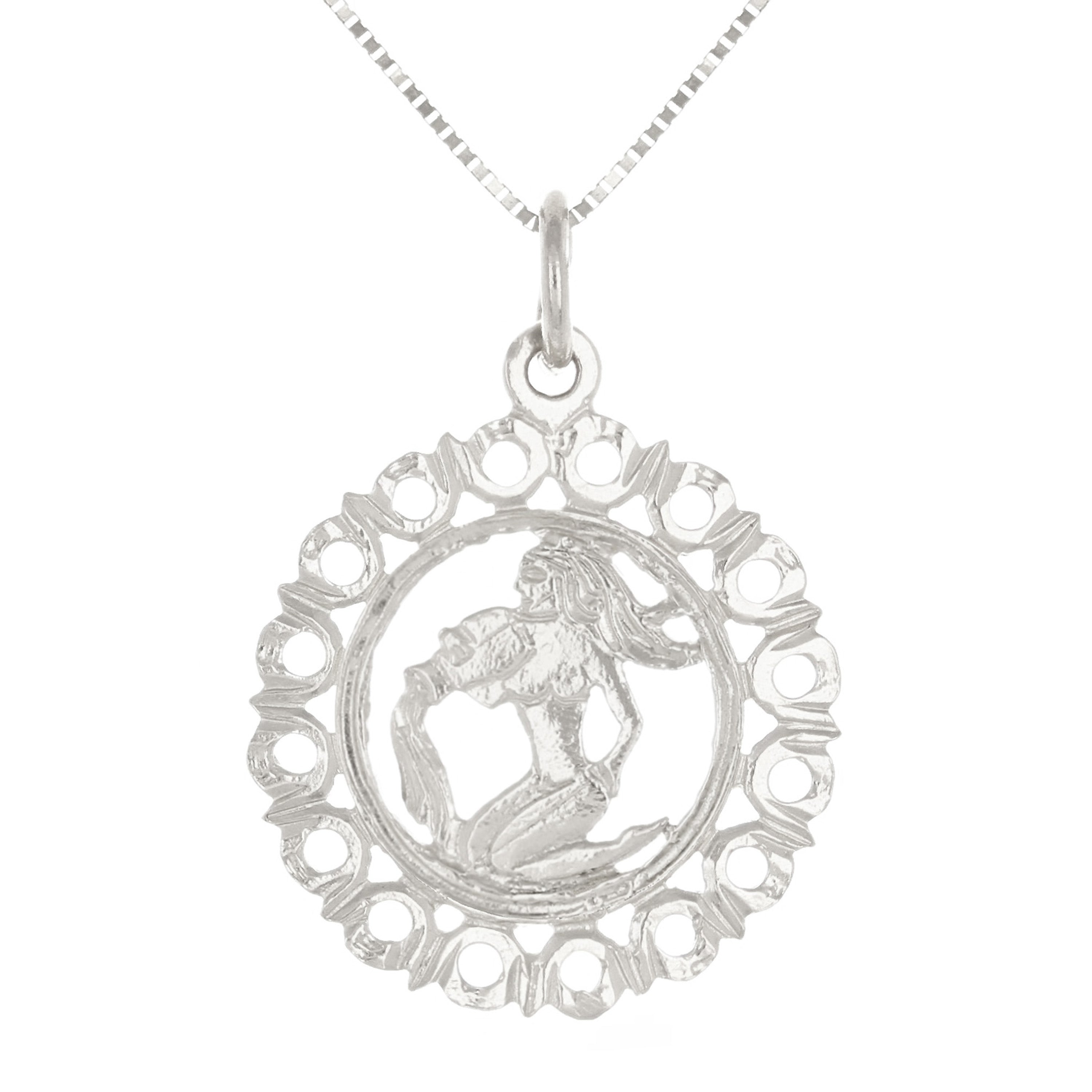 14k White Gold Zodiac Sign Aquarius Pendant Necklace 18" - Aquarius,White