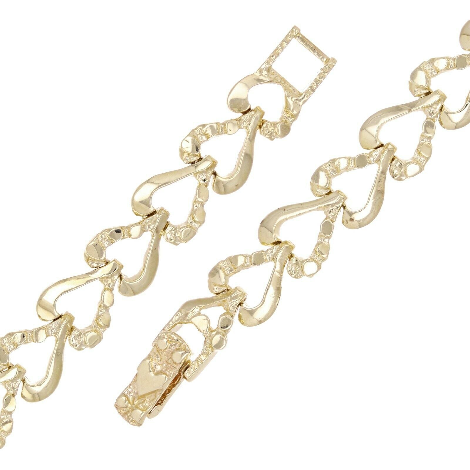10k Yellow Gold Half Plain & Heart Nugget Bracelet 7" 8.6mm 11.5 grams - Yellow,7"