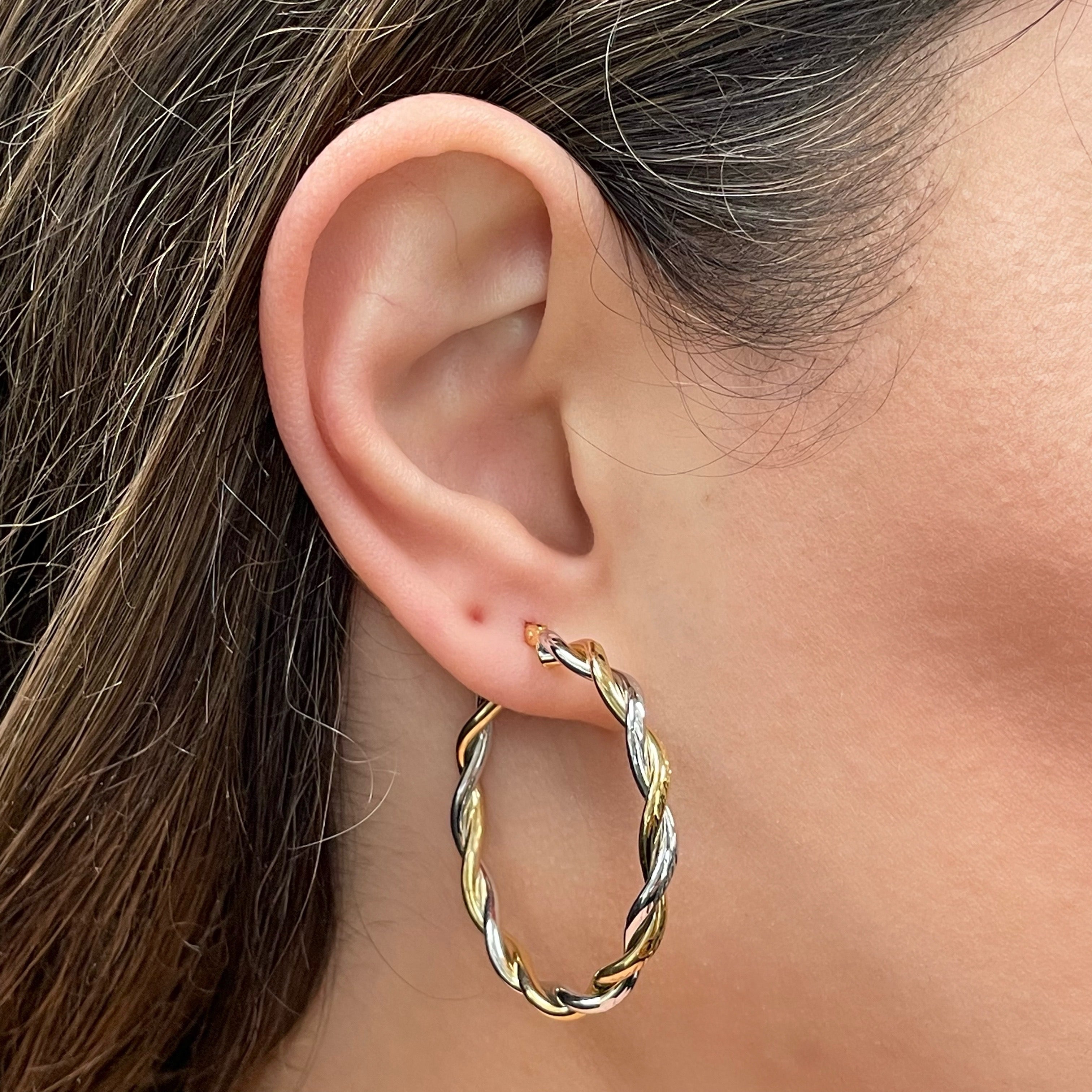 Italian 14k Yellow & White Gold Polished Twisted Hollow Hoop Earrings 1.6" 3mm