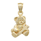 14k Yellow Gold Teddy Bear Holding Cross Pendant - Yellow