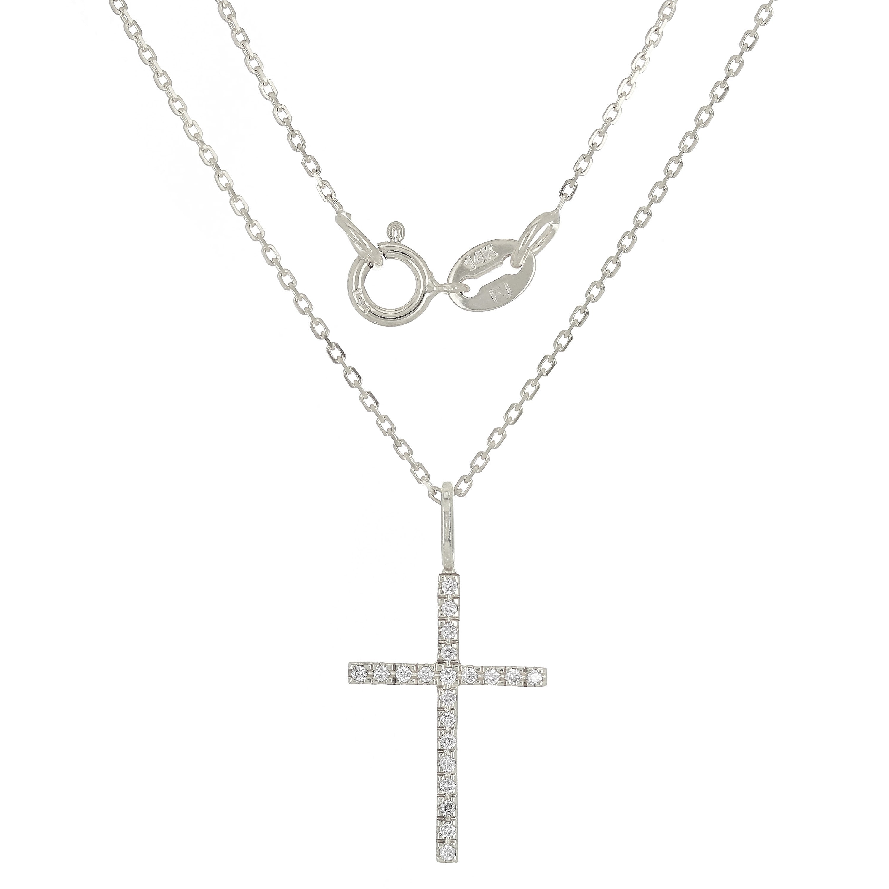 14k White Gold Diamond Cross Pendant Necklace 18" - White