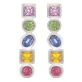 14k White Gold Rainbow Sapphire, Ruby & Citrine Geometric Linear Earrings