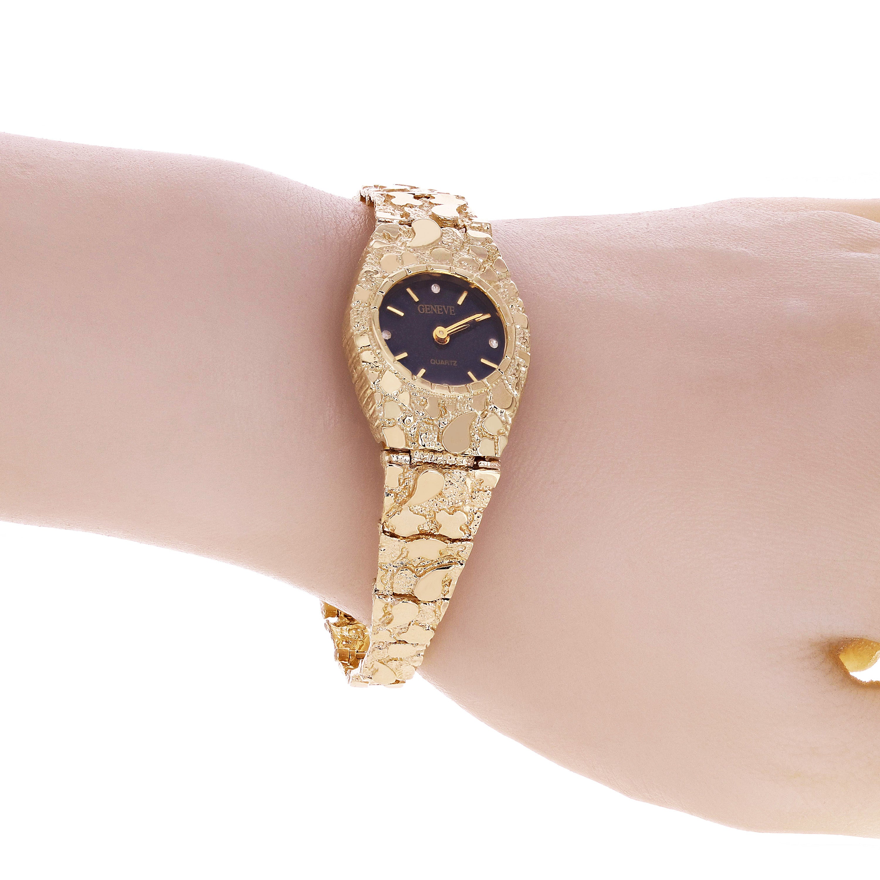 Women's 14k Yellow Gold Nugget Link Bracelet Geneve Wrist Watch with Diamonds 7"