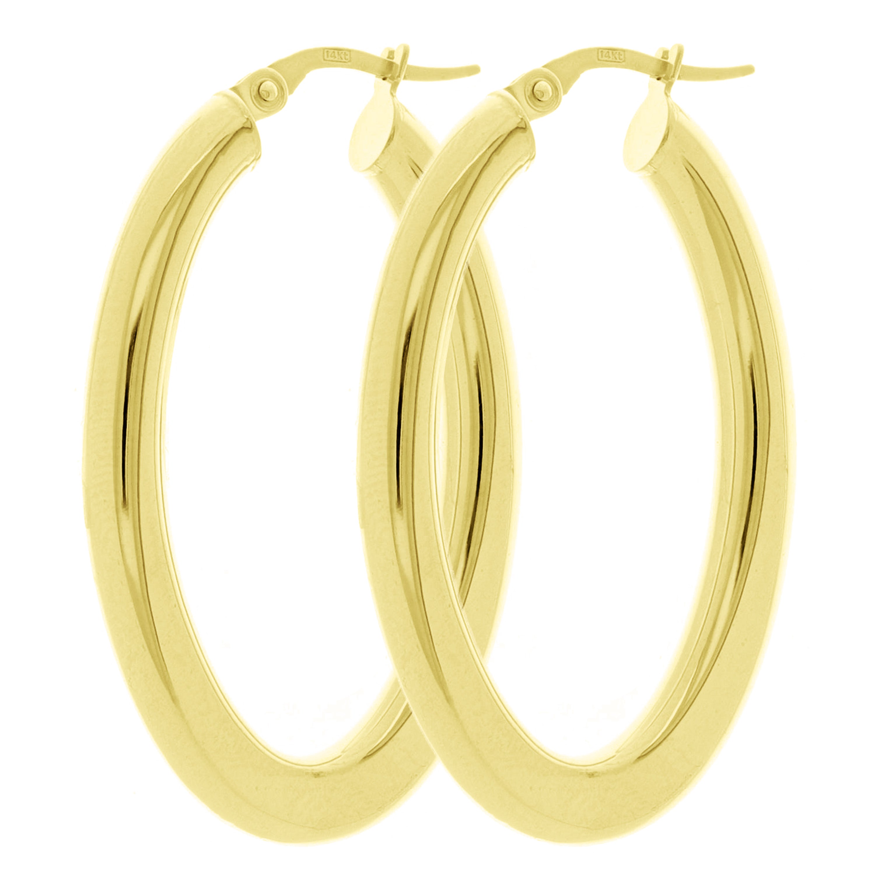 Italian 14k Yellow Gold High Polish Flat Oval Hoop Earrings 1.5" 4mm 2.9 grams