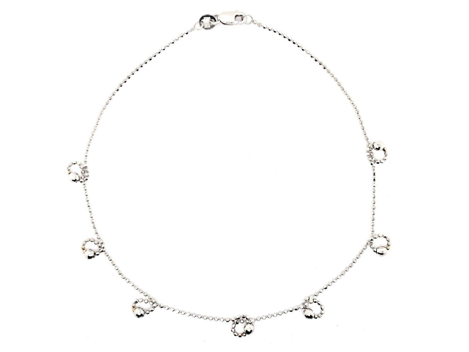 Italian 14k White Gold Diamond Cut Ball Bead Link Charm Anklet/Bracelet 10" 2.5g