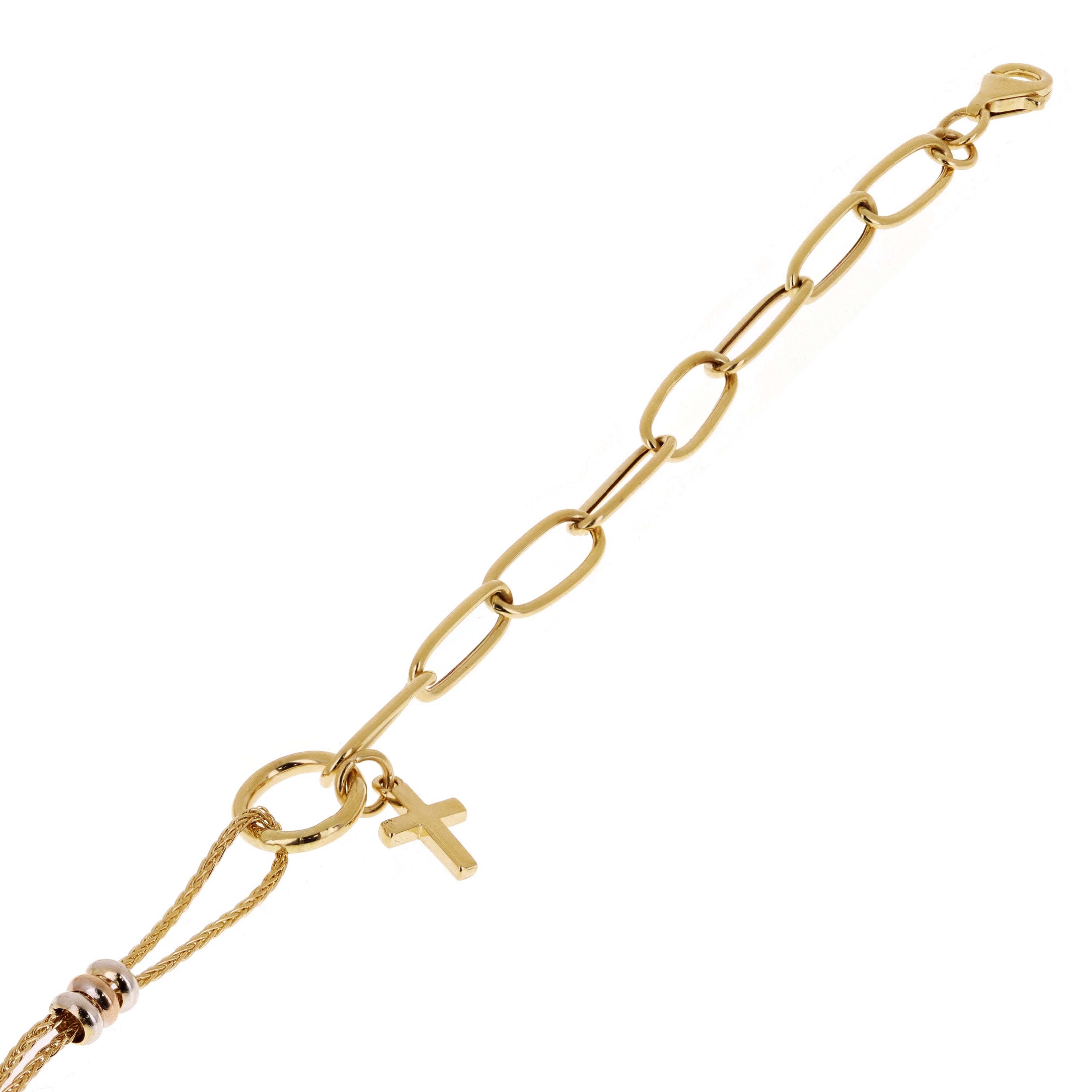 Italian 14k Tri Color Gold Wheat & Paper Clip Cross Charm Bracelet 7.5" 3 grams