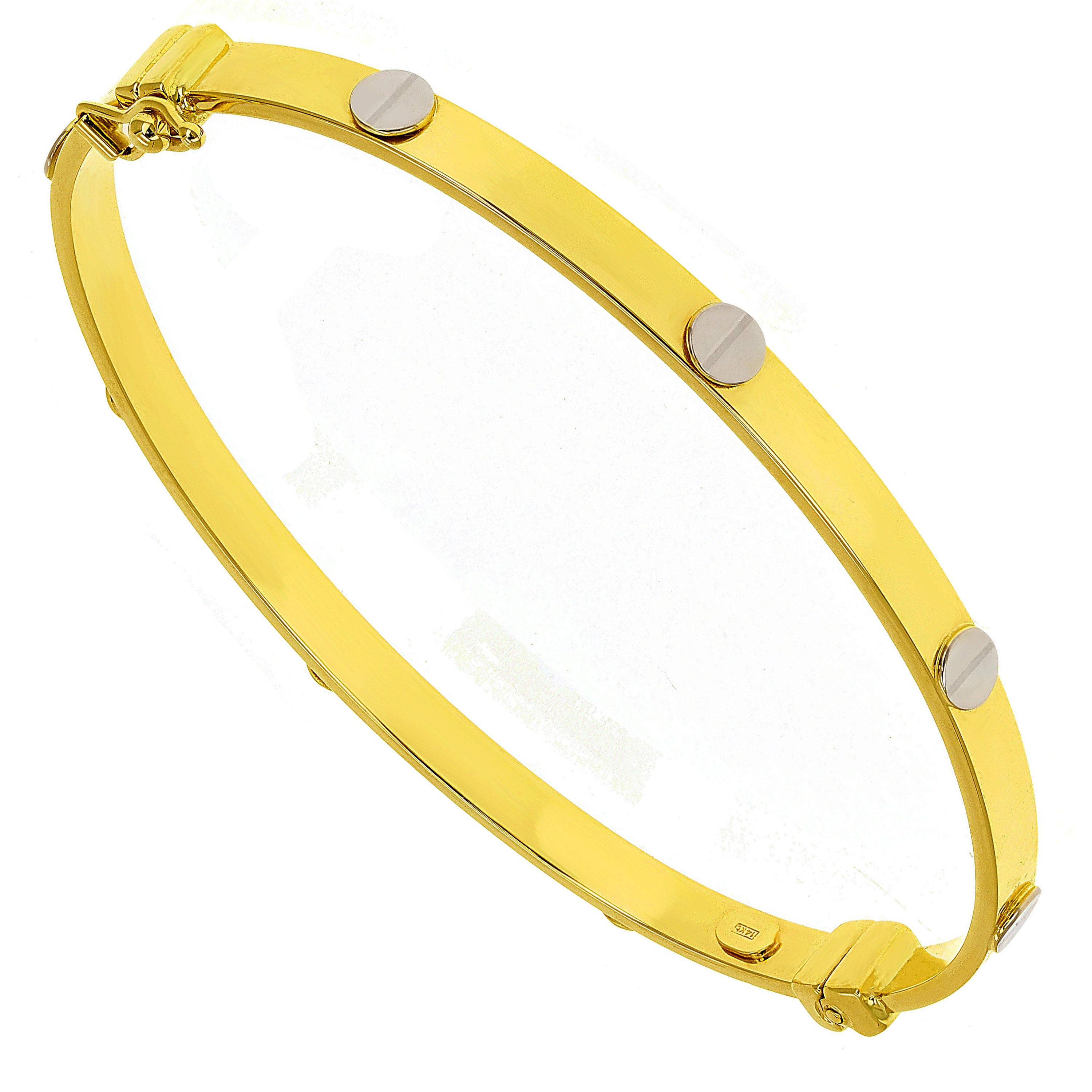 Italian 14k Two-Tone Gold Hollow Screw Design Bangle Bracelet 7" 4mm 5.2 grams