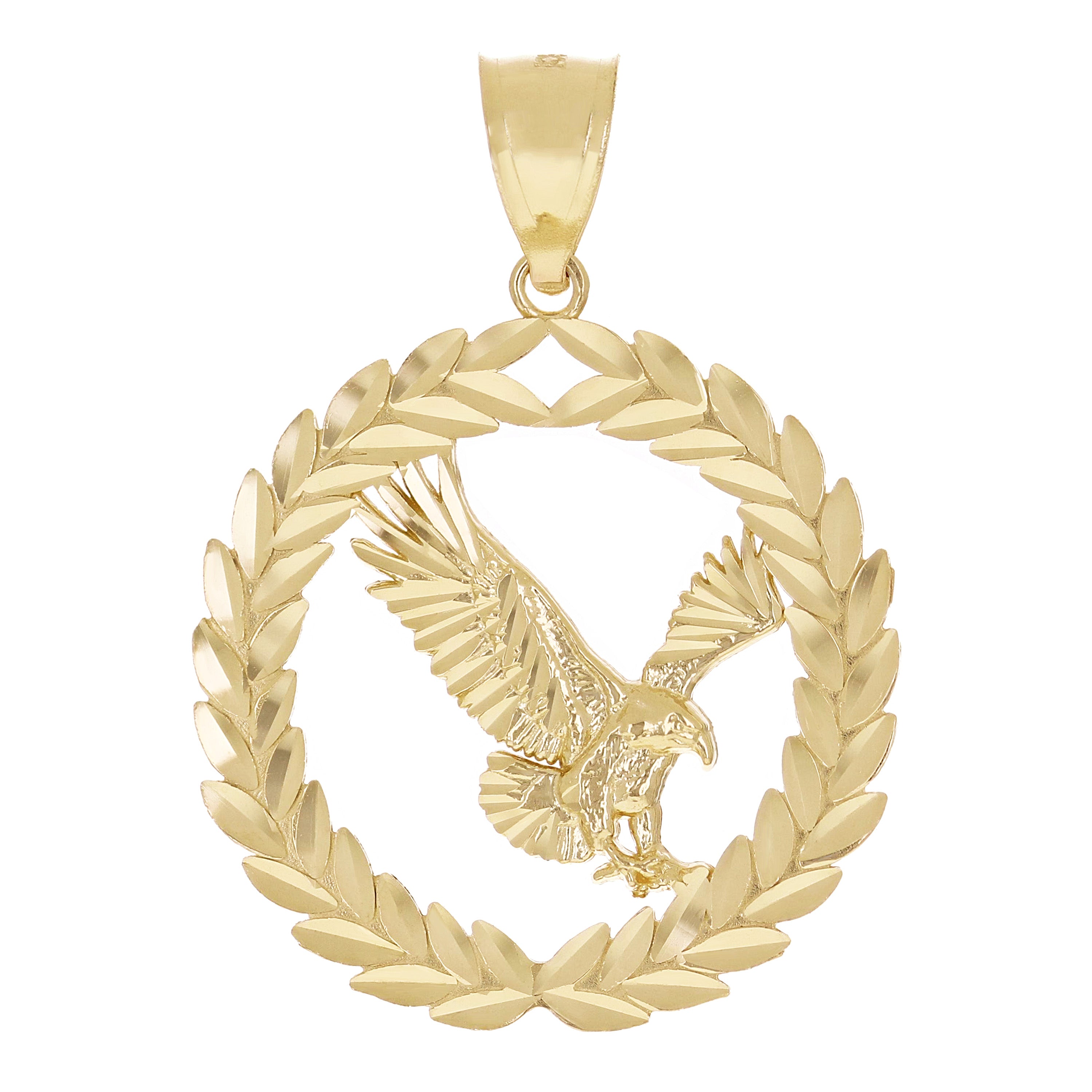 14k Yellow Gold Diamond Cut Flying Eagle Laurel Wreath Pendant 1.5" 3.9 grams