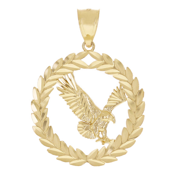 14k Yellow Gold Diamond Cut Flying Eagle Laurel Wreath Pendant 1.5