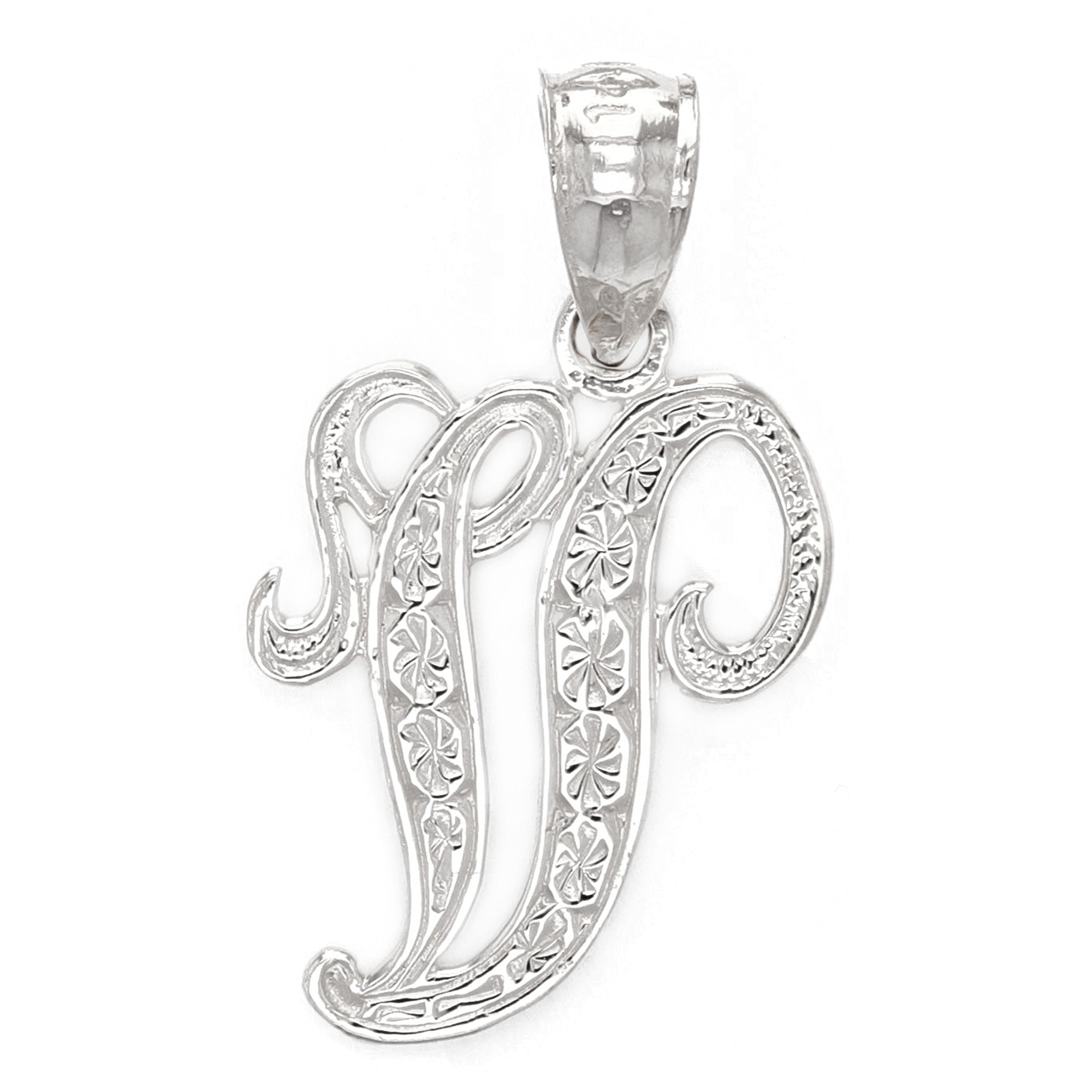 14k White Gold Initial Letter V Alphabet Charm Pendant - Letter V,White