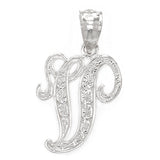 14k White Gold Initial Letter V Alphabet Charm Pendant - Letter V,White