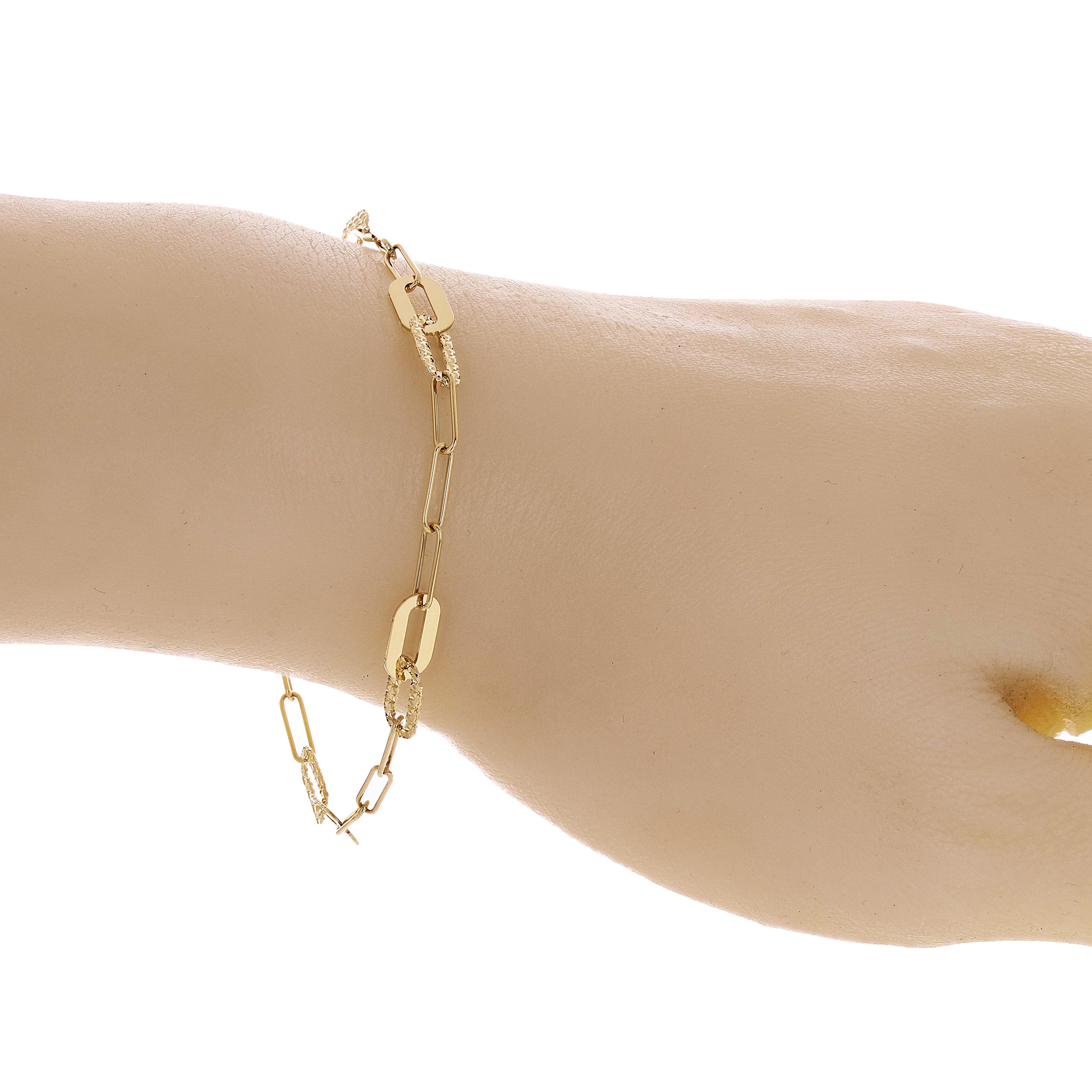 Italian 14k Yellow Gold High Polished & Diamond Cut Paperclip Link Bracelet 7"