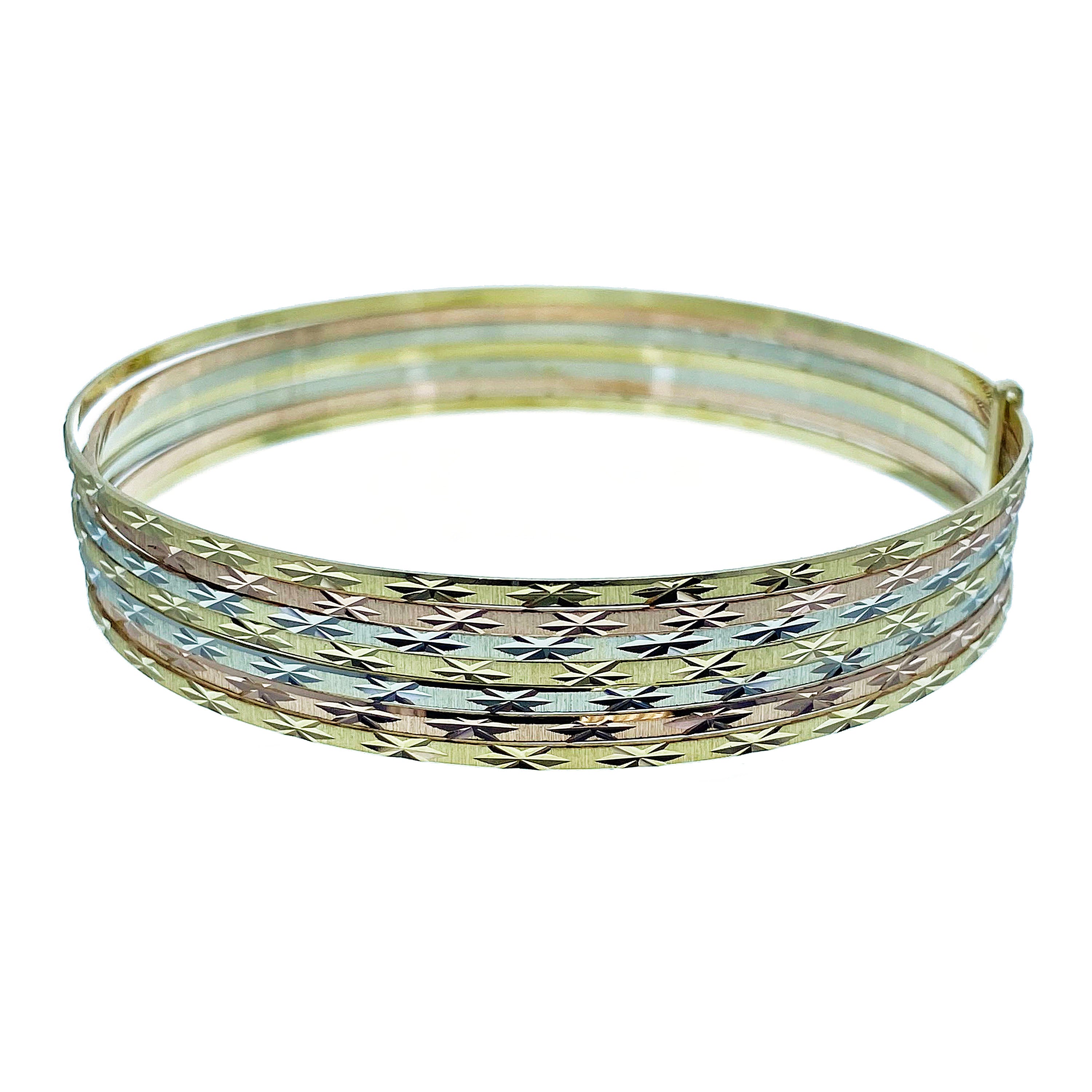 10k Tri Color Gold Diamond Cut Slip On 7 Day Bangle Bracelet 2.75" 11.5mm 17g