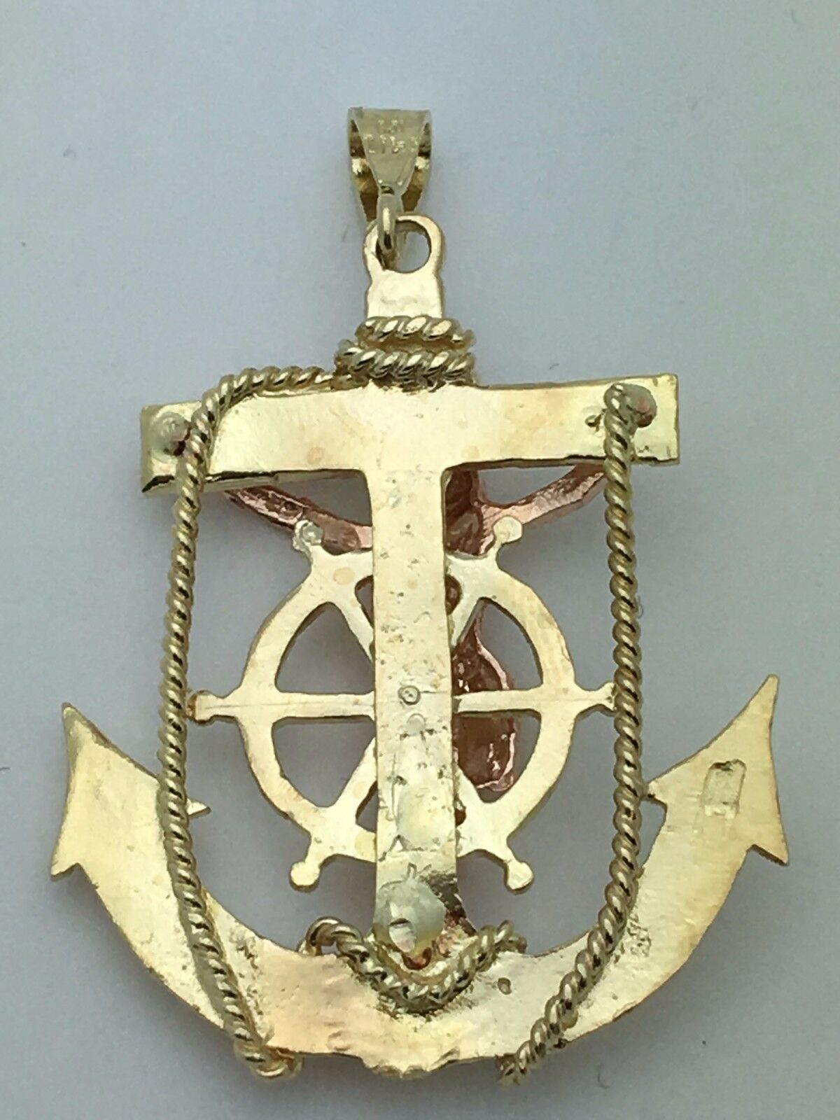 10k Two Tone Gold Solid Anchor Mariners with Jesus Crucifix Pendant 9.3 grams