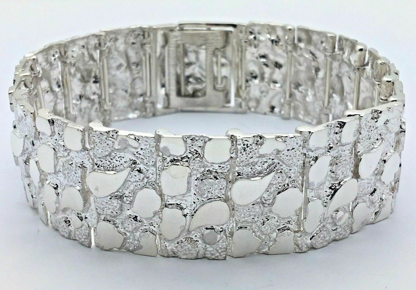 925 Sterling Silver Solid Nugget Bracelet Adjustable 7" 21.5mm 44 grams