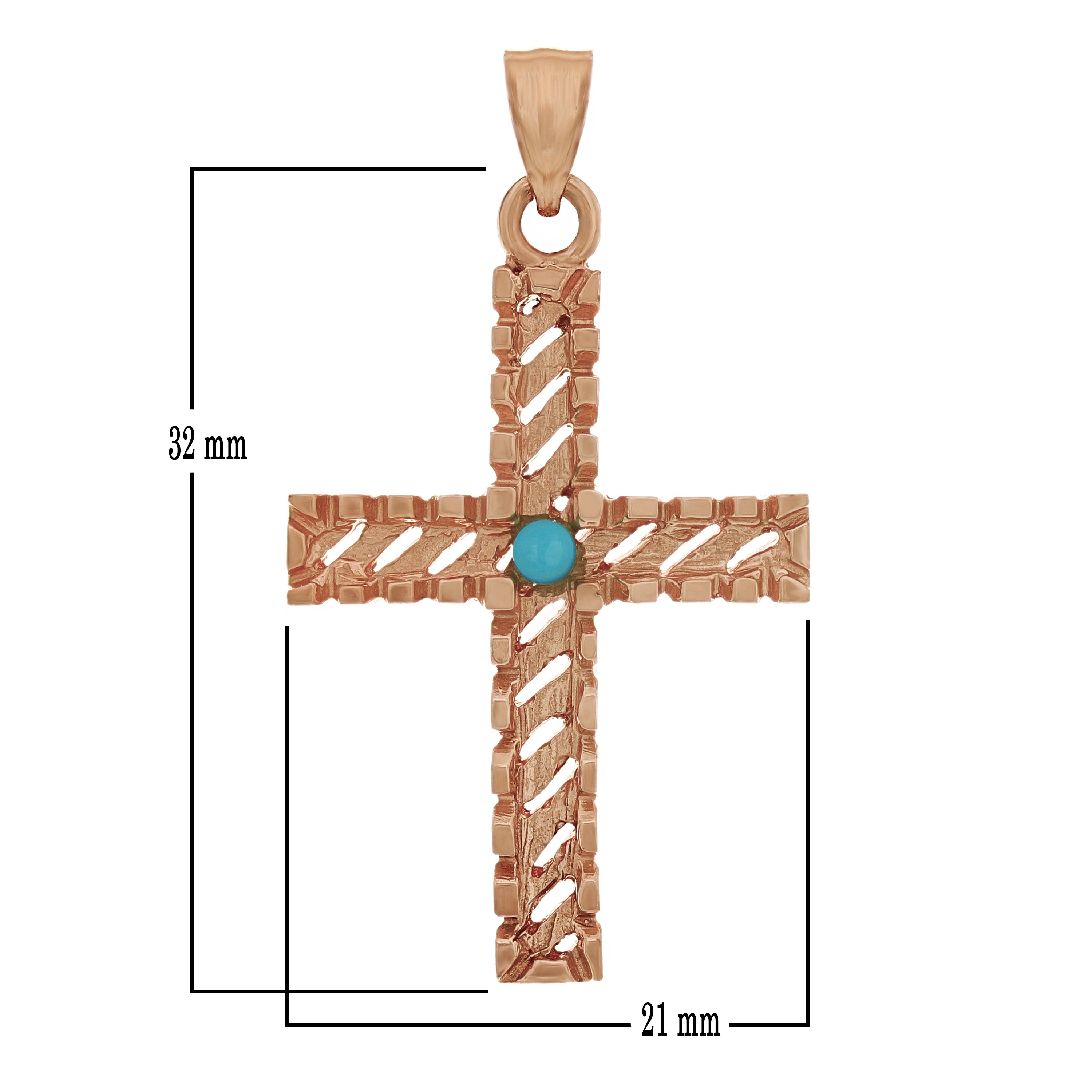 14k Rose Gold Diamond Cut Cross Charm Pendant with Turquoise 3.3 grams - Rose