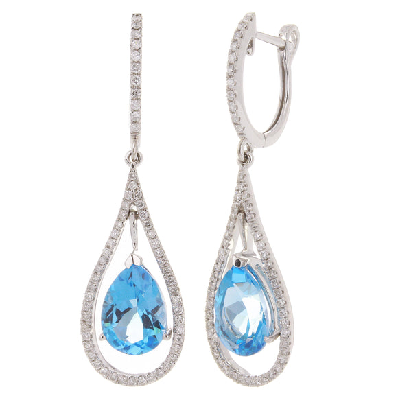 14k White Gold 1.54ctw Blue Topaz & Diamond Pear Drop Hoop Earrings