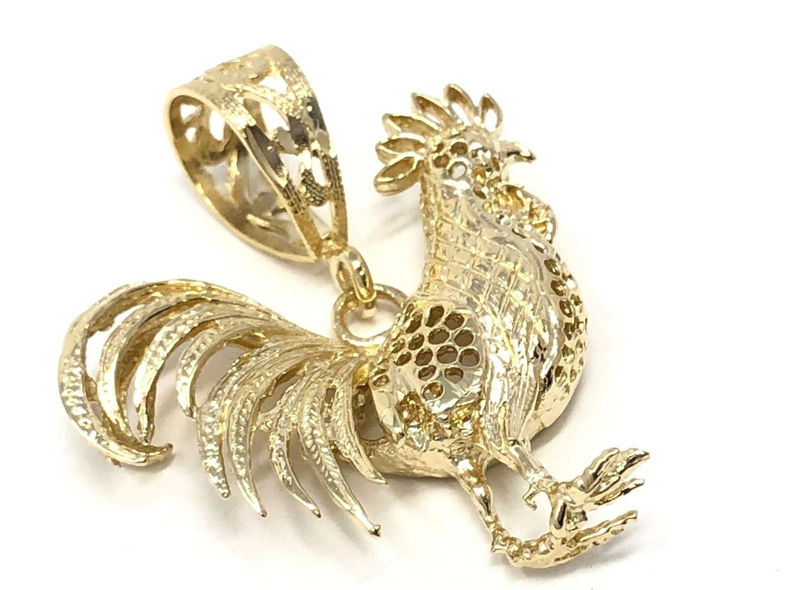 14k Yellow Gold Diamond Cut Rooster Cock Chicken Bird Charm Pendant 13.2 grams