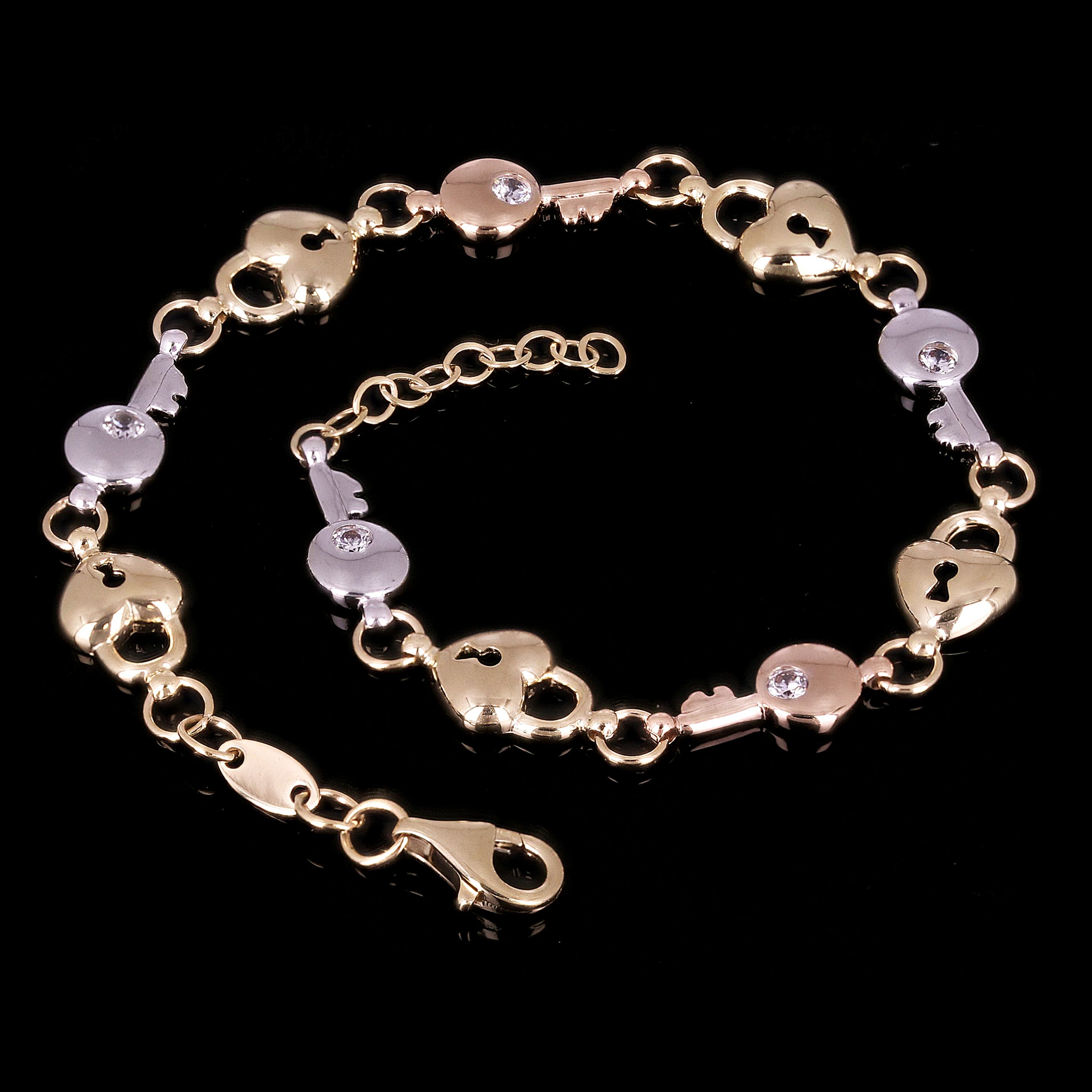 Italian 14k Tri Color Gold Heart Lock Key Charm Bracelet 7.5" 7.2mm 5.8 grams