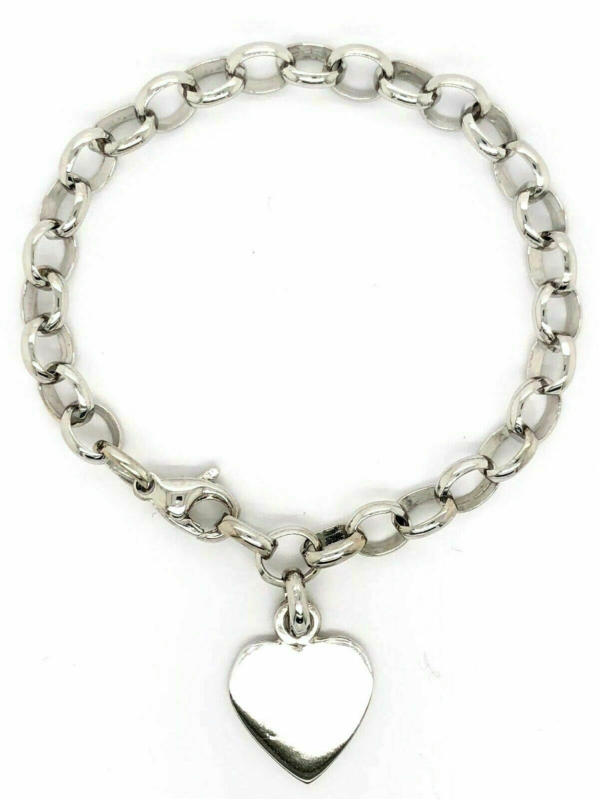 14k White Gold Oval Rolo Link Heart Charm Bracelet 8.5" 19 grams