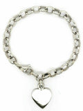14k White Gold Oval Rolo Link Heart Charm Bracelet 8.5" 19 grams