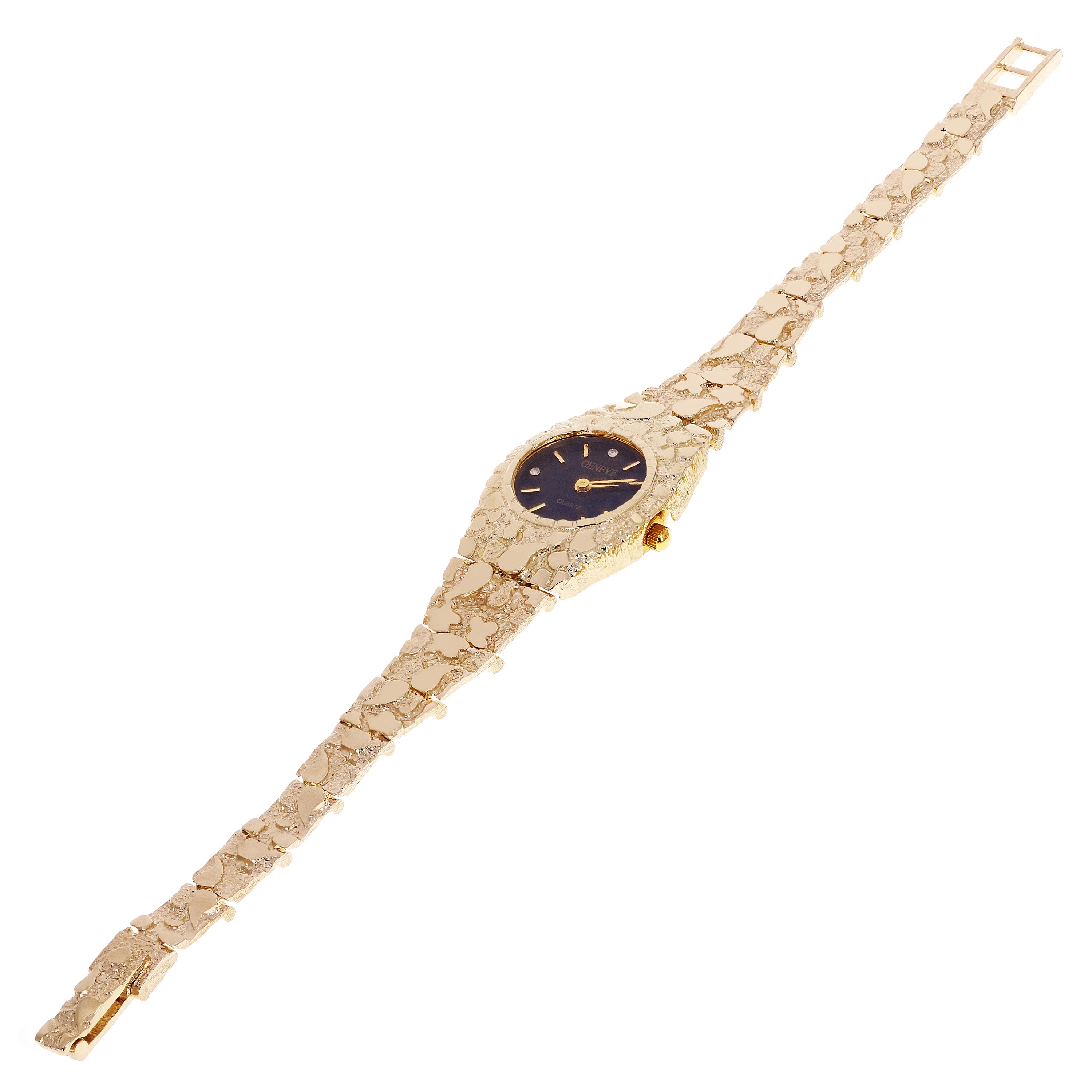 Women's 14k Yellow Gold Nugget Link Bracelet Geneve Wrist Watch with Diamonds 7"