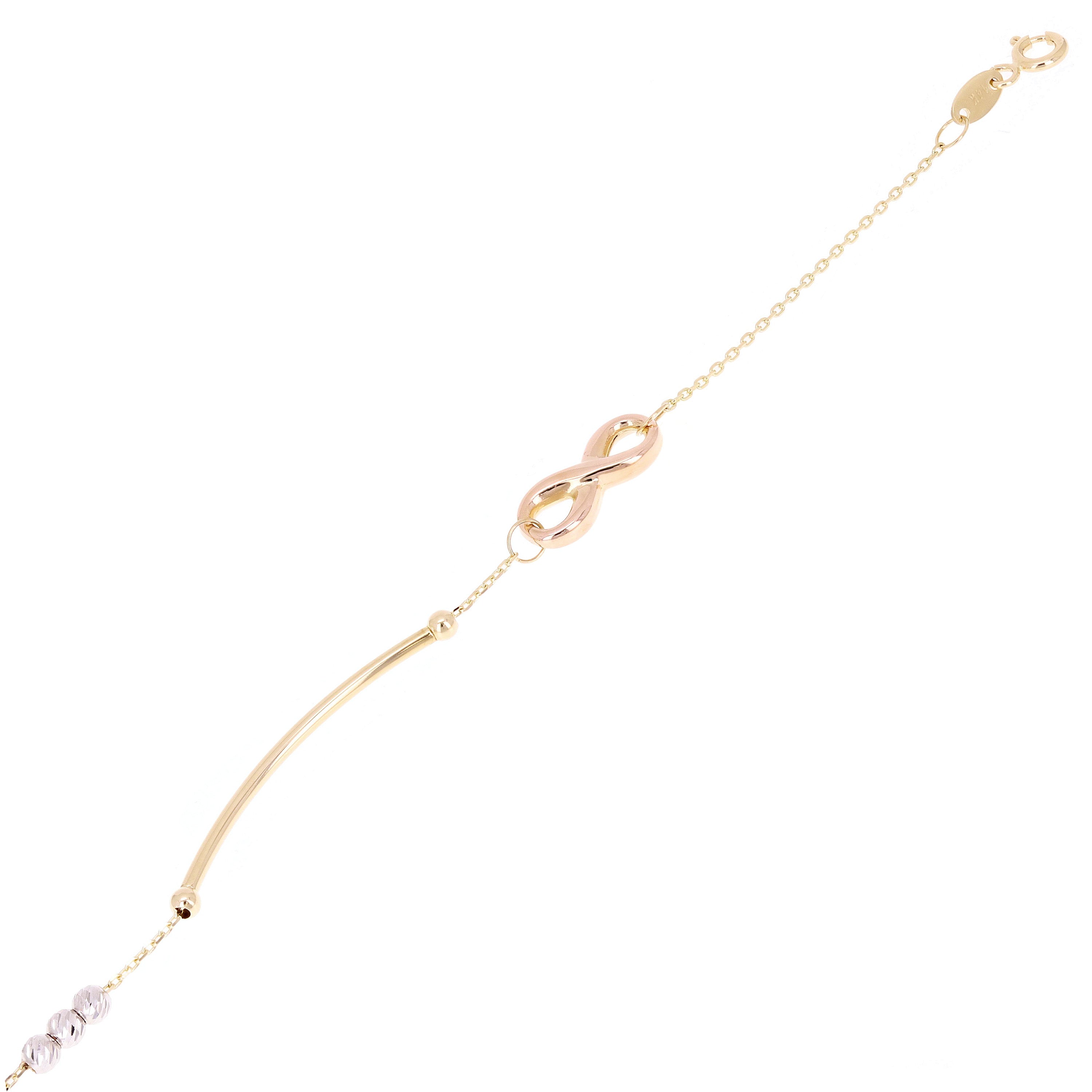 Italian 14k Tri Color Gold Infinity Charm Bar Link Bracelet 7.25" 1.7 grams