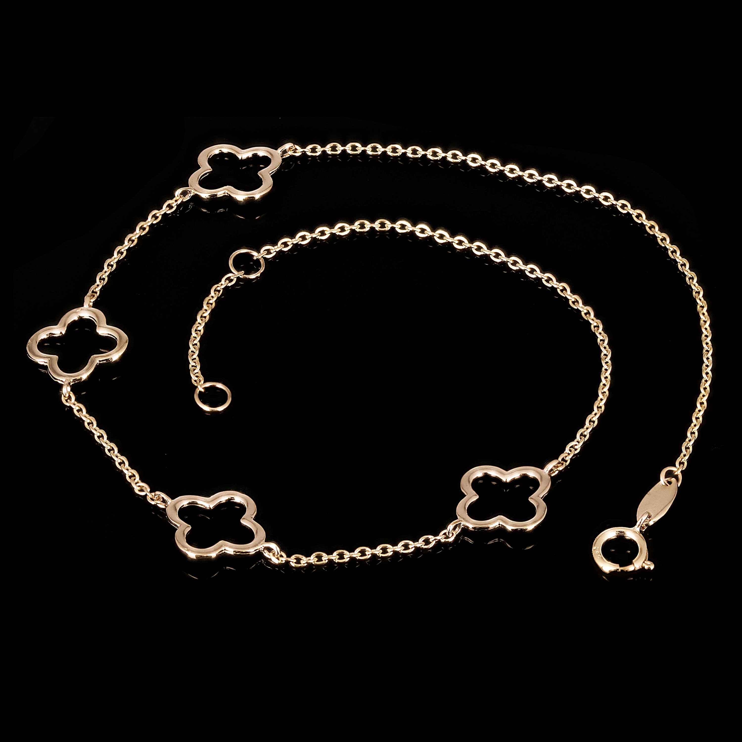 Italian 14k Yellow Gold Four Leaf Clover Anklet Bracelet 10" 1.7 grams