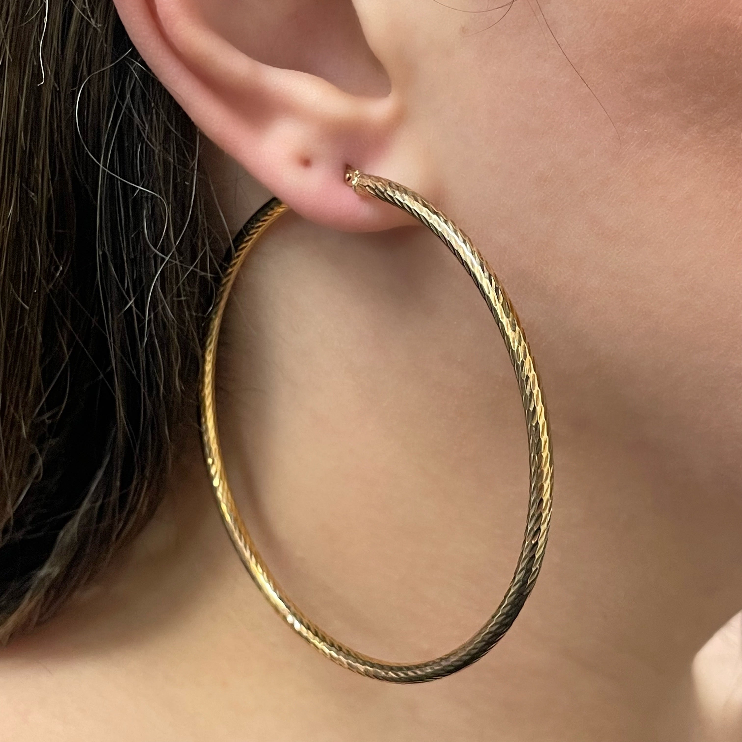 Italian 14k Yellow Gold Diamond Cut Hollow Round Hoop Earrings 3" 3mm 5.1 grams