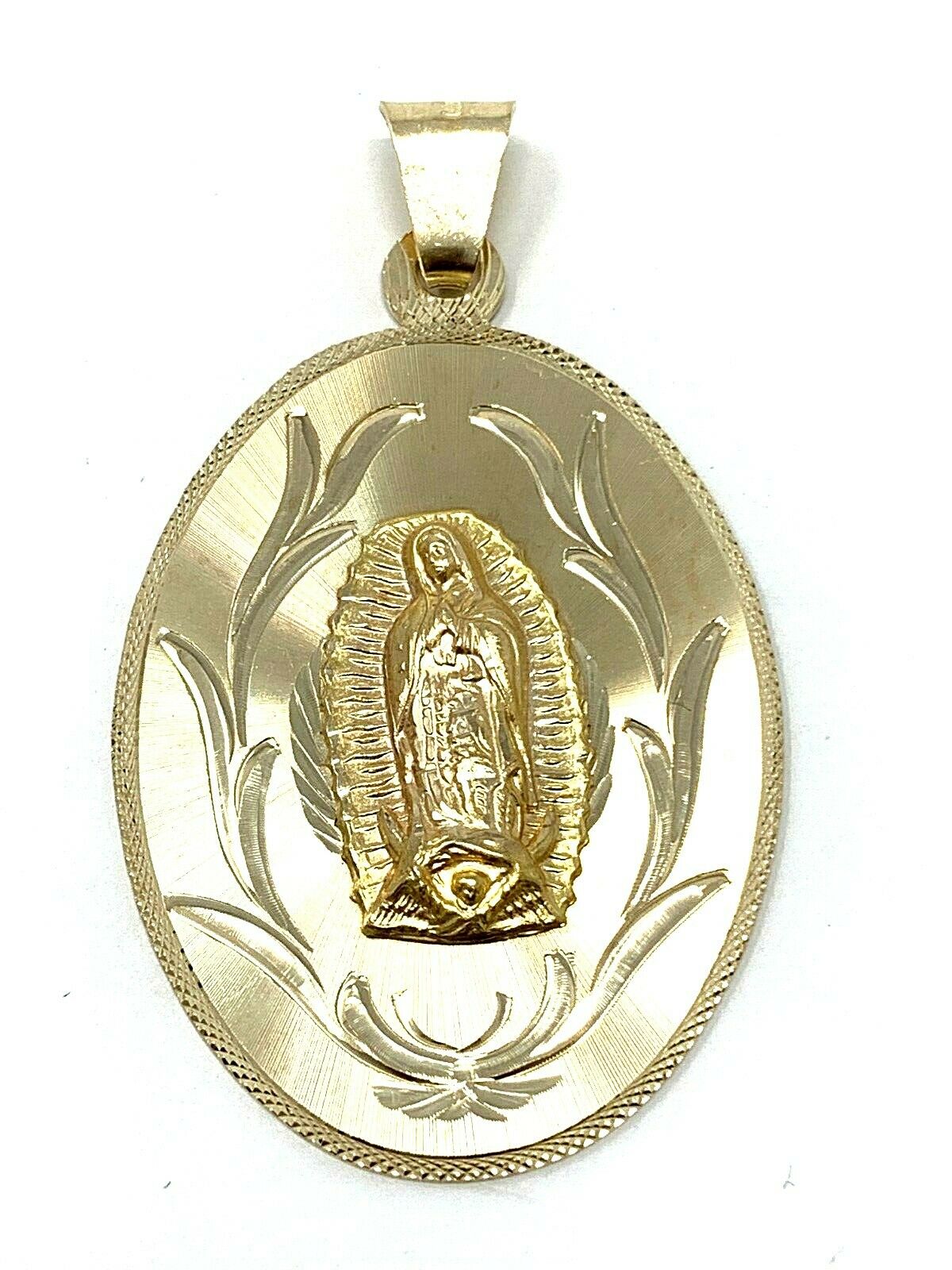 14K Yellow Gold Virgin Mary Guadalupe Pendant Medal Charm 2.2" 10.6 grams
