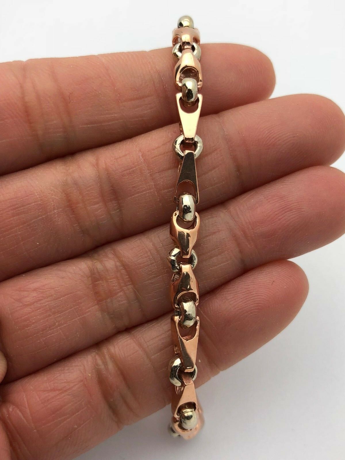 14k White & Rose Gold Handmade Fashion Link Bracelet 7.75" 5mm 15.3 grams
