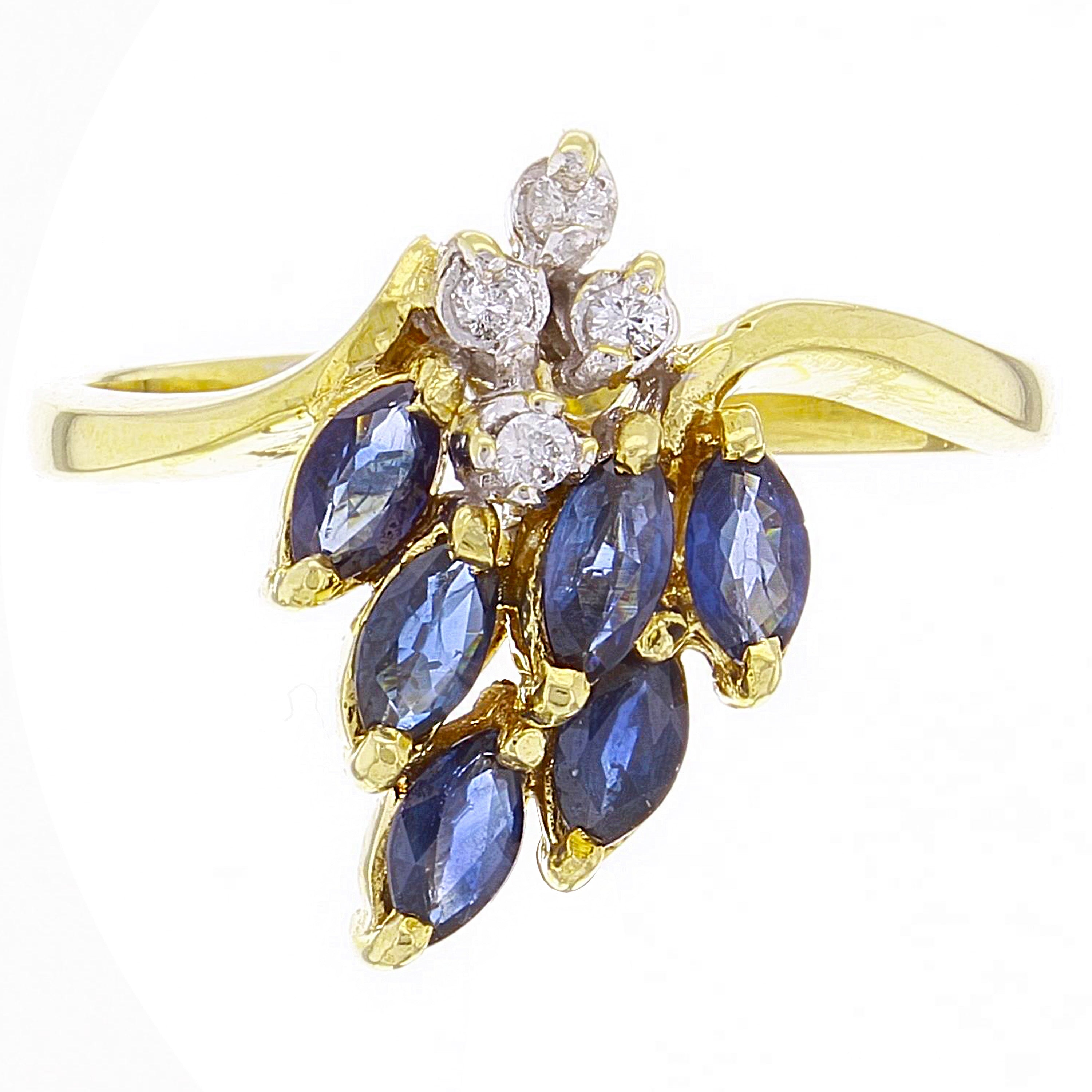 14k Yellow Gold Marquise Sapphire & Diamond Leaf Ring Size 7