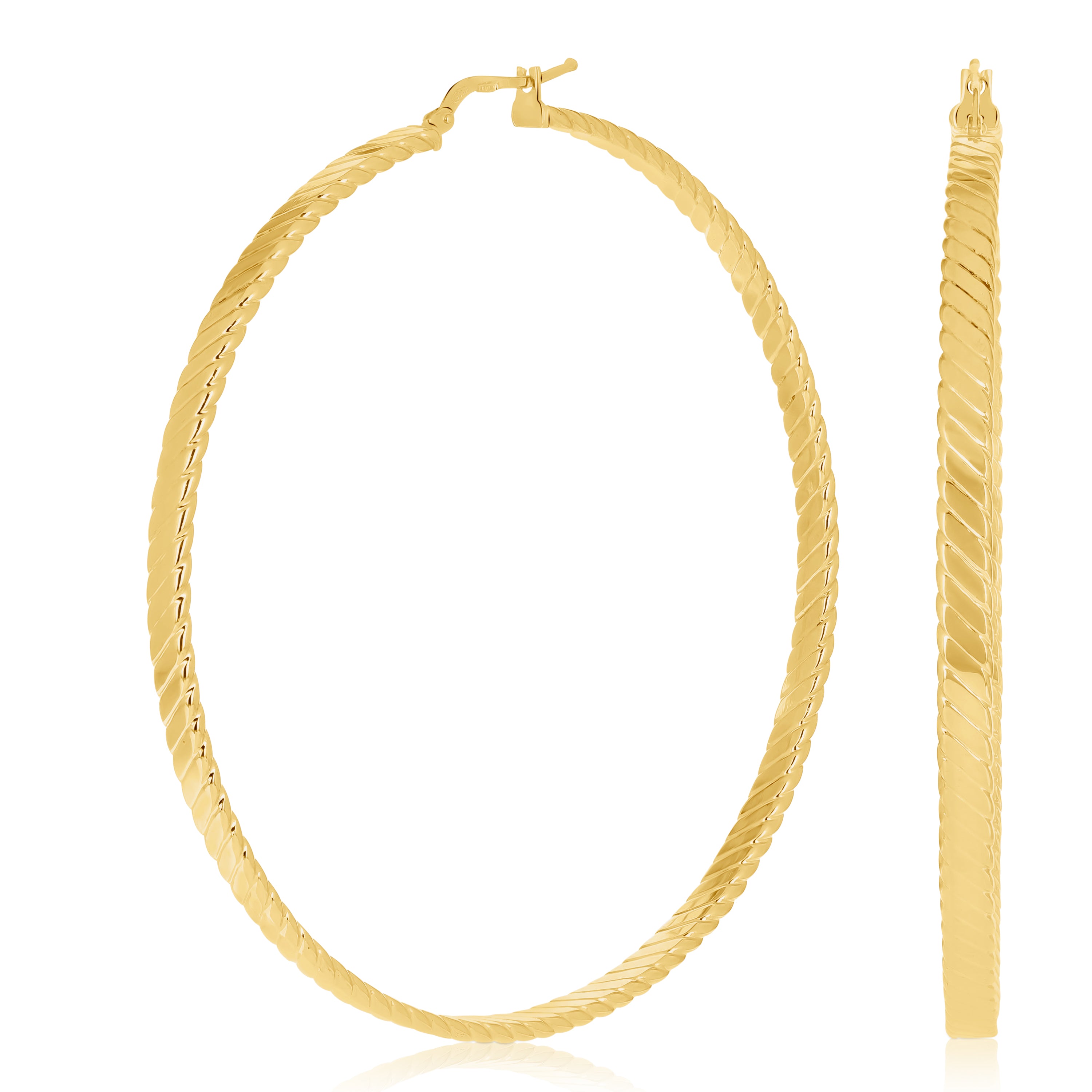 Italian 14k Yellow Gold Line Textured Hollow Hoop Loop Earrings 2.7" 4mm 7.6g