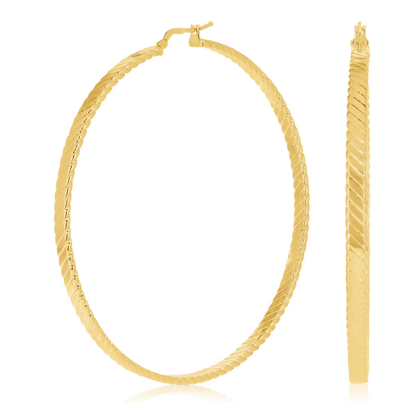 Italian 14k Yellow Gold Line Textured Hollow Hoop Loop Earrings 2.7