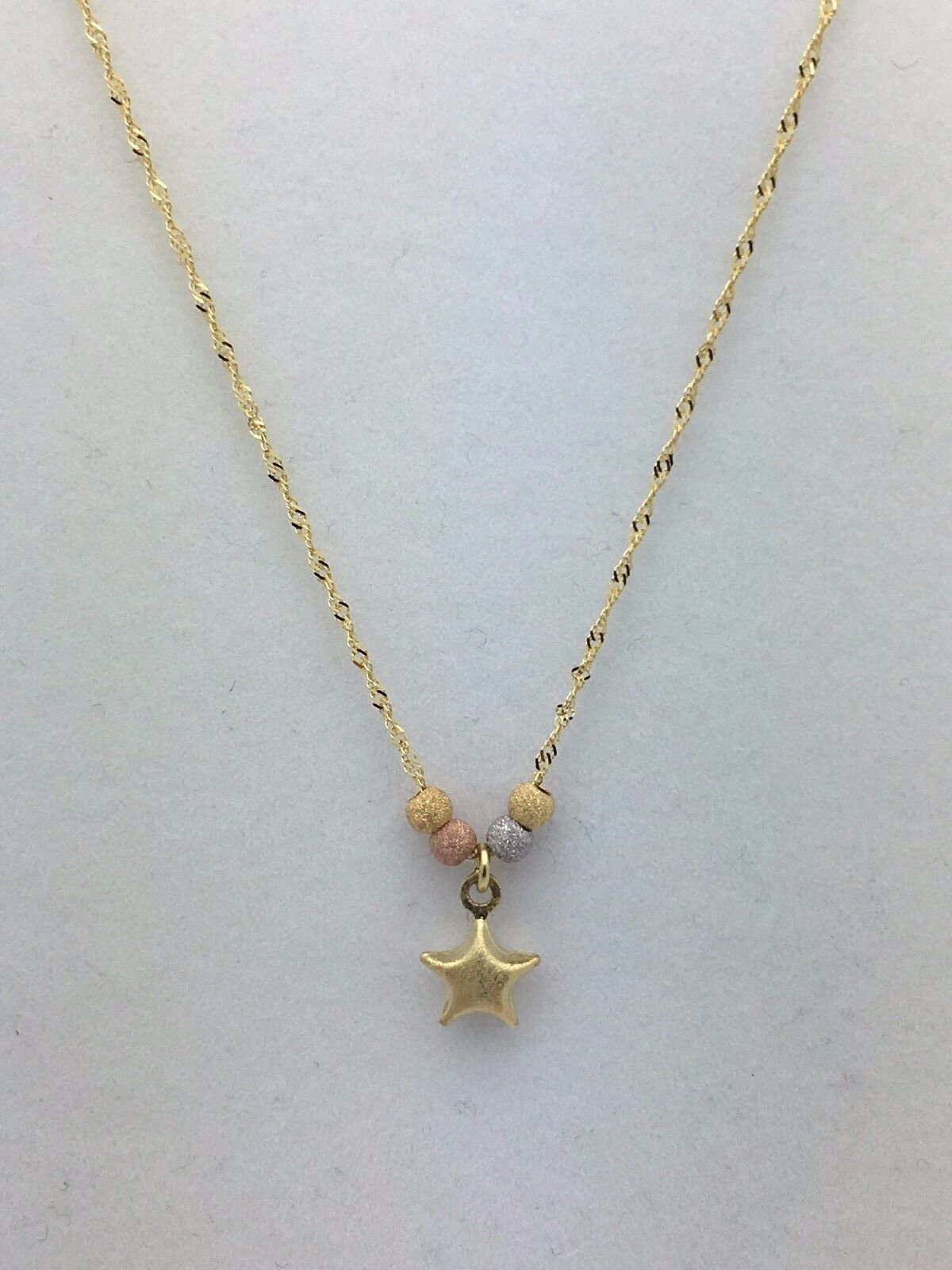 14k Tri Color Gold Ball Beads Star Charms Singapore Chain Necklace 17"