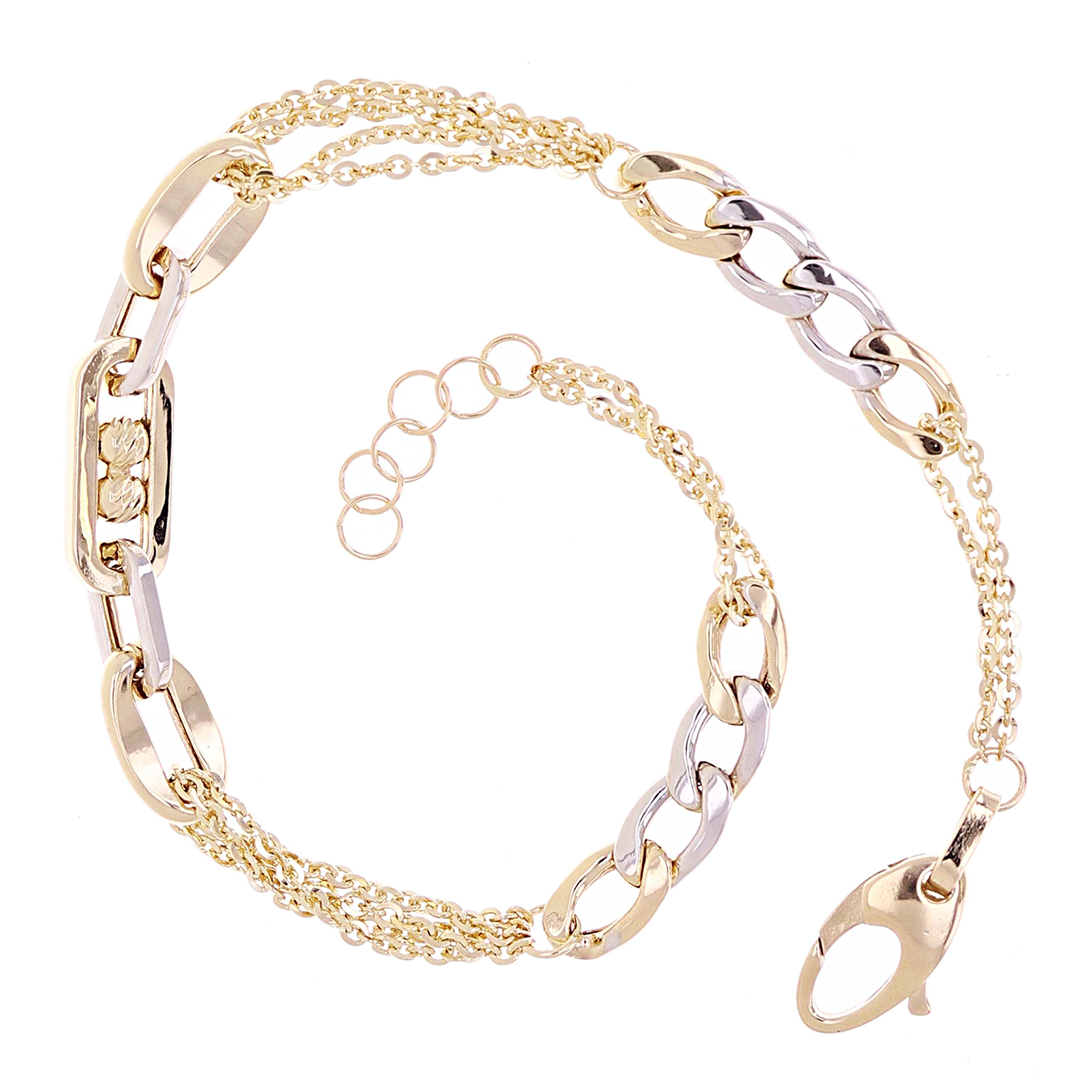 Italian 14k Two Tone Gold Oval & Cuban Link Chain Bracelet 7.5" 4.1 grams