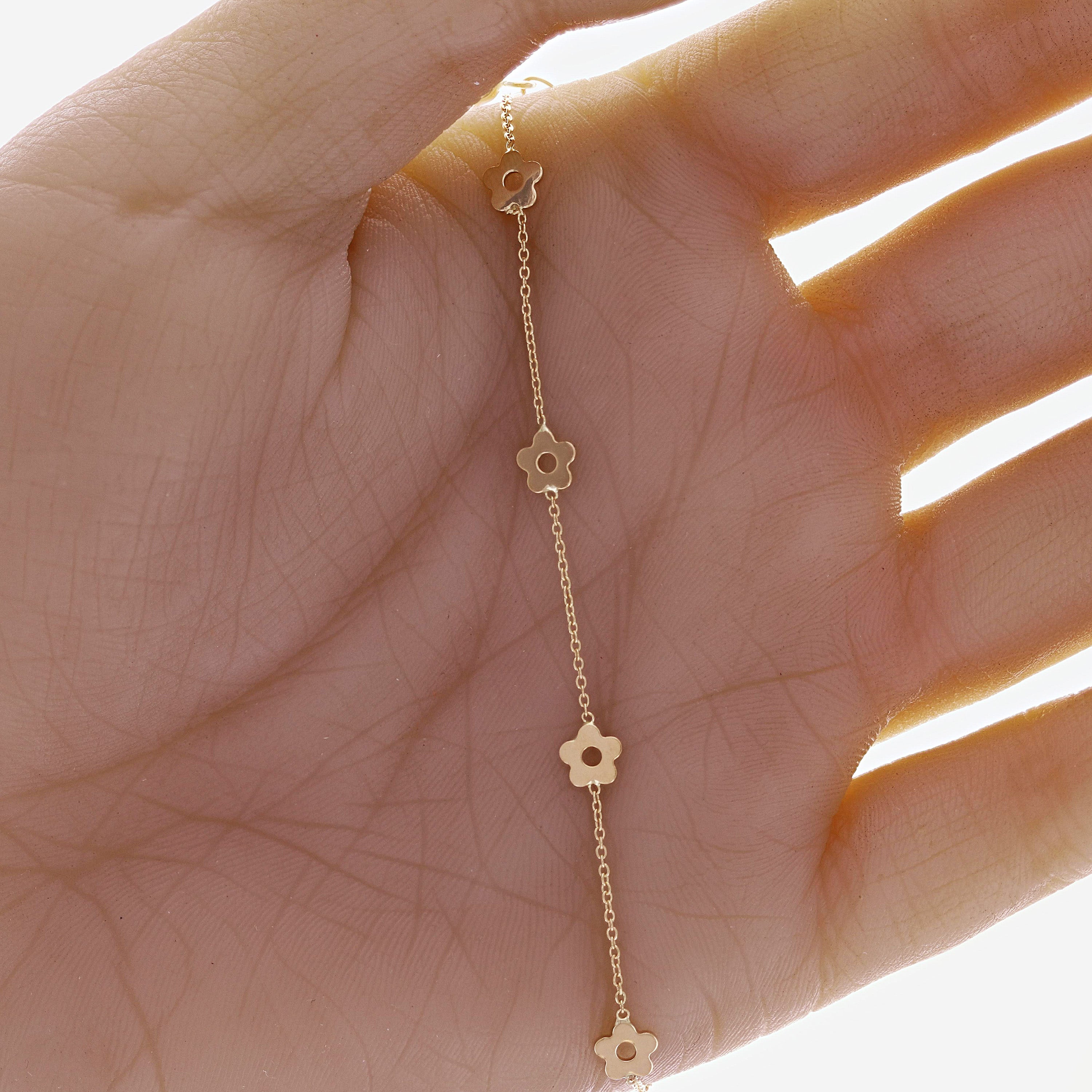 Italian 14k Yellow Gold Station Flower Charm Bracelet 7" 1.4 grams