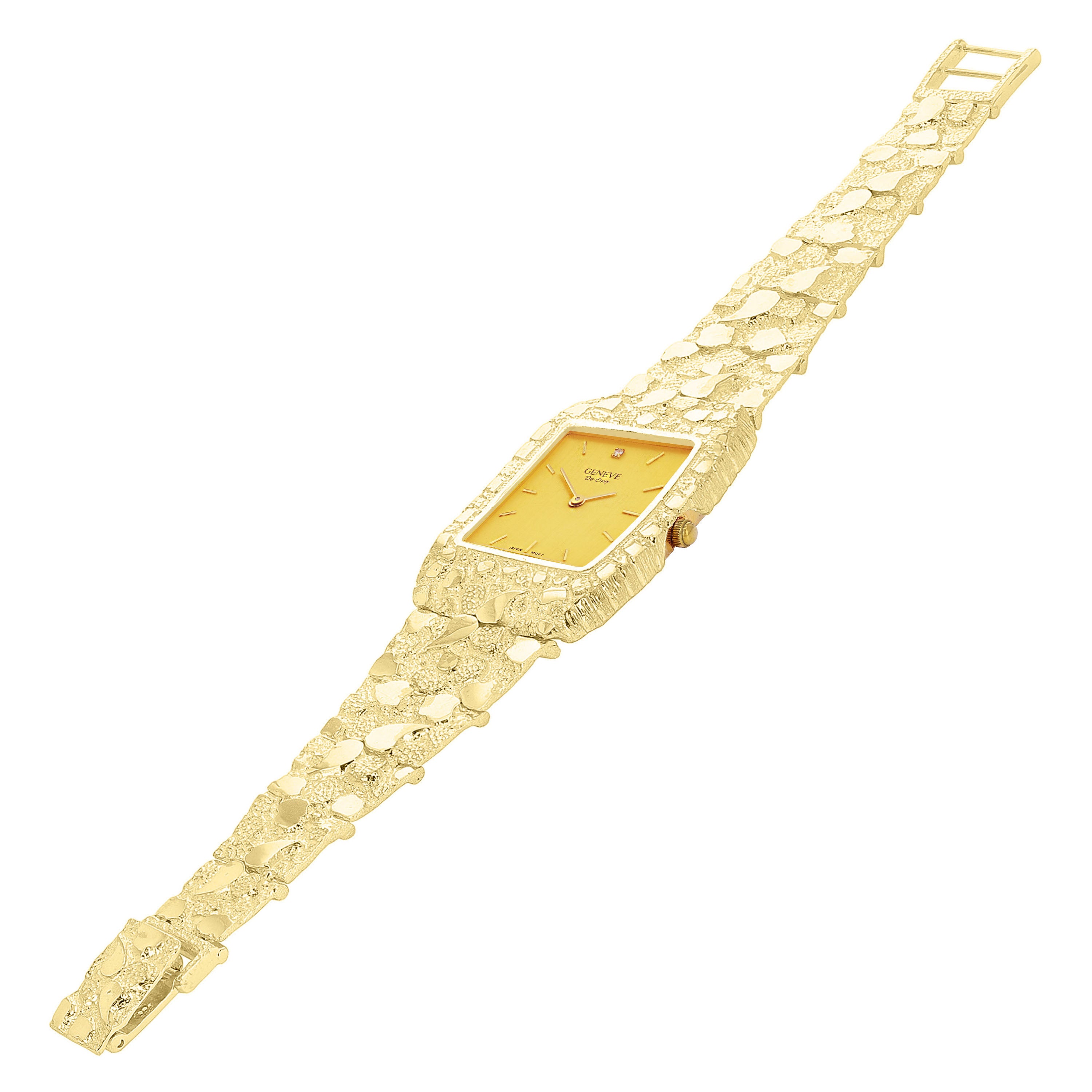 10k Yellow Gold Nugget Bracelet Link Wrist Watch Geneve with Diamond 8.5-9" 61g.