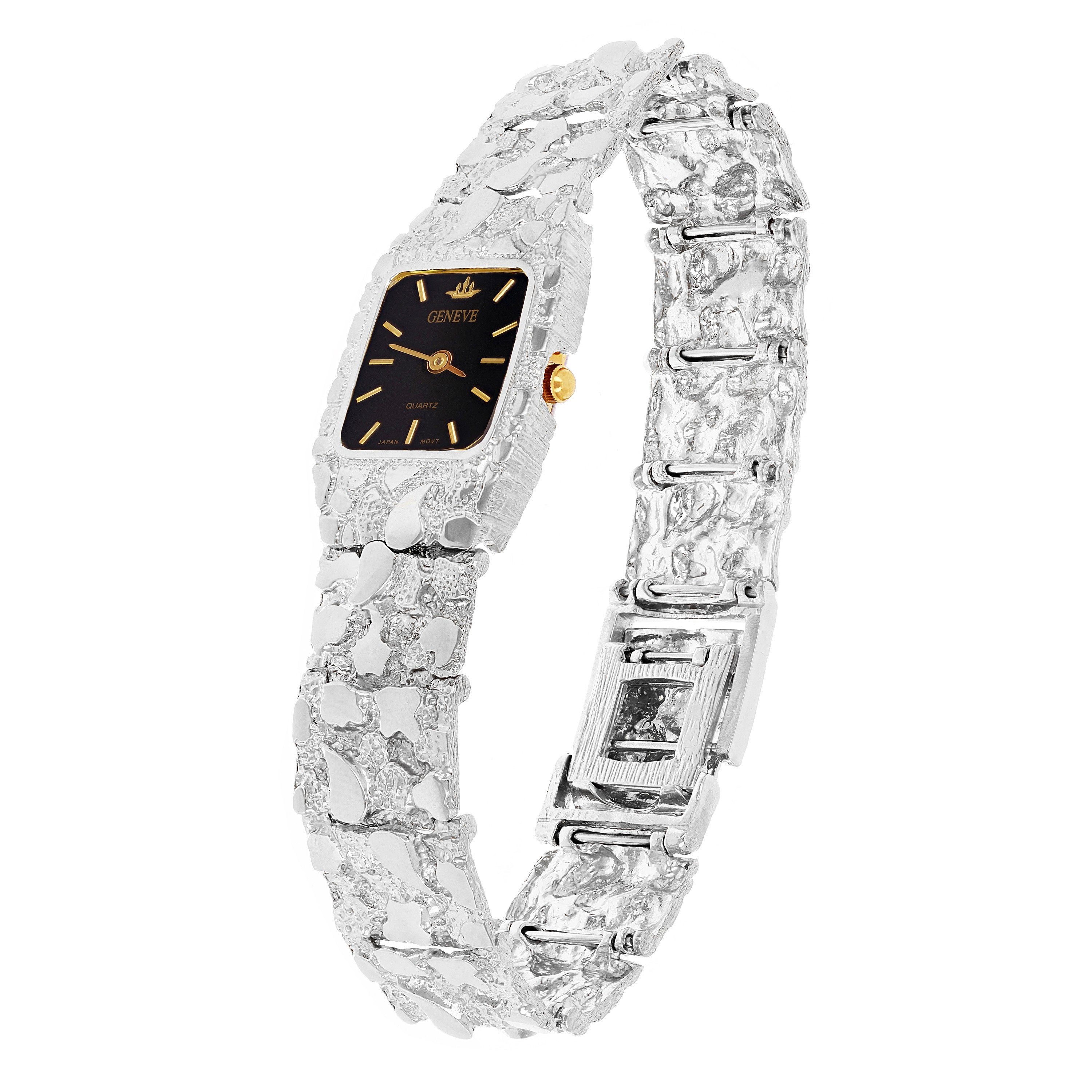 Women's Sterling Silver Nugget Link Bracelet Geneve Wrist Watch 6.5-7" 36.8grams