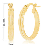 Italian 14k Yellow Gold Polished Diamond Cut & Brushed Finish Oval Hoop Earrings