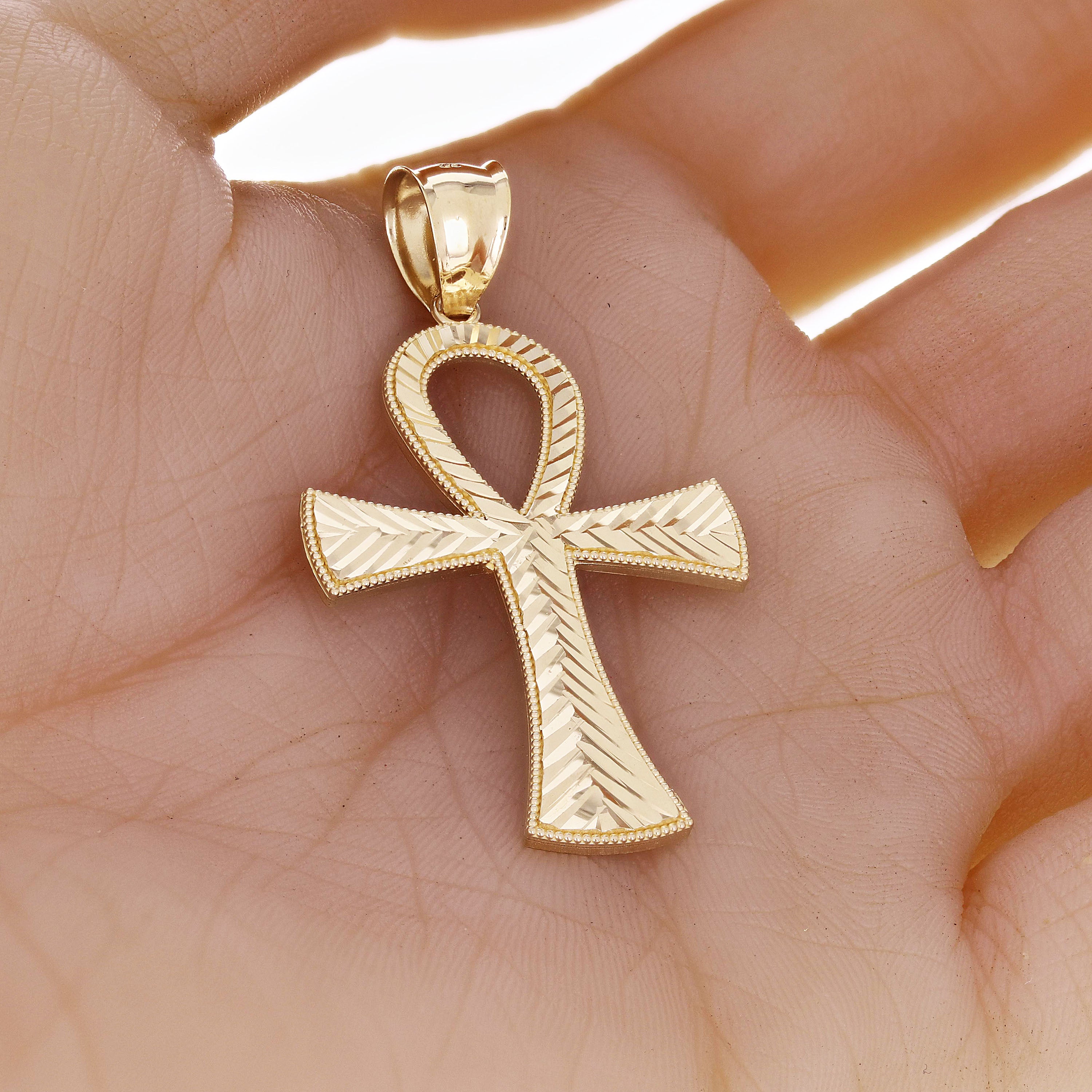 14k Yellow Gold Diamond-Cut Egyptian Ankh Cross Pendant 2.1" 3.6 grams