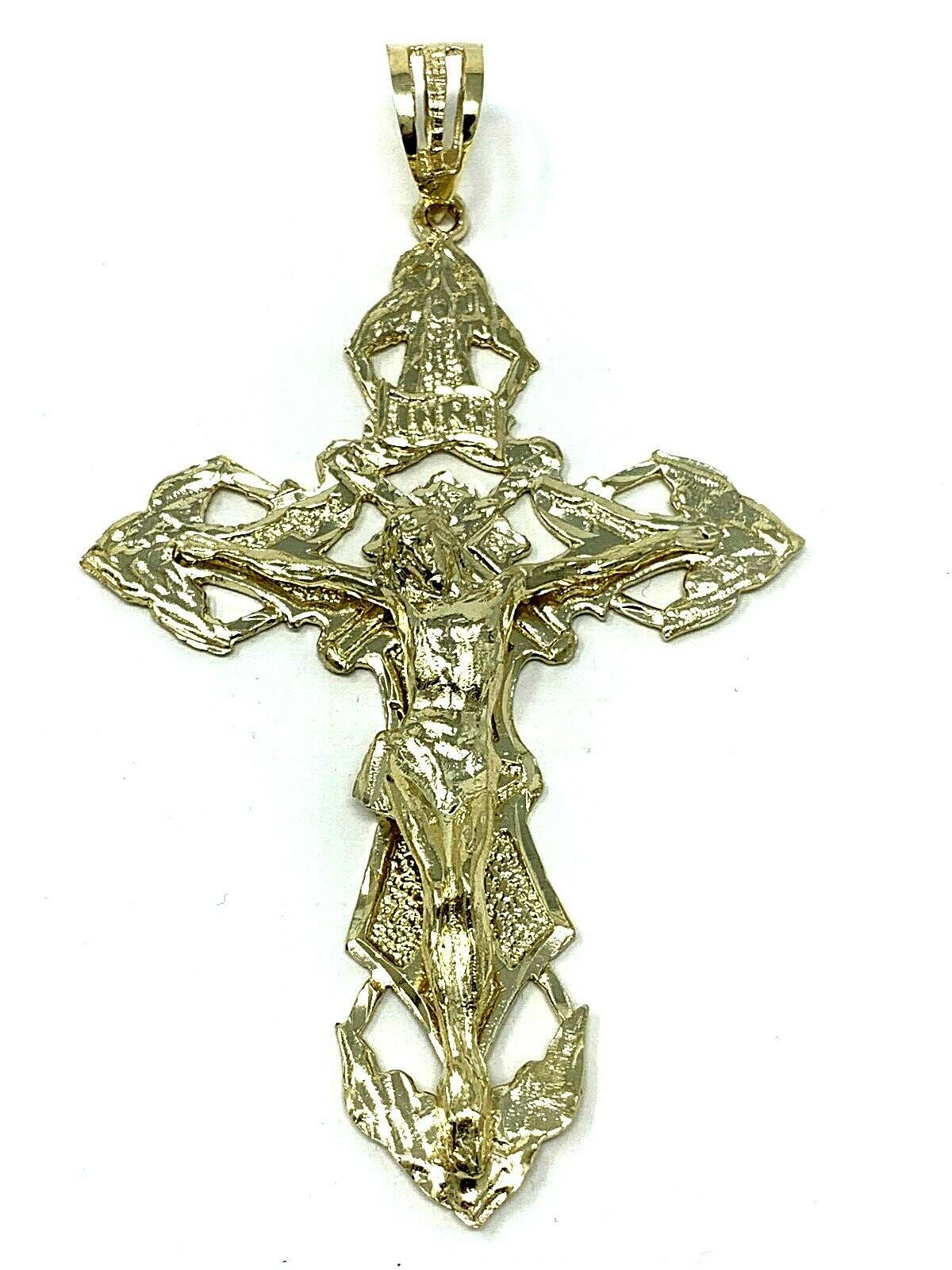 10k Yellow Gold Religious INRI Jesus Christ 3D Big Cross Pendant 5.25"- 45 grams
