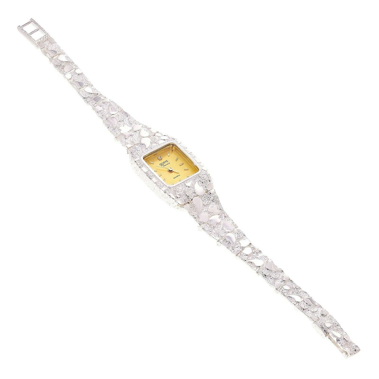 Women's 925 Sterling Silver Nugget Geneve Diamond Watch 6.5" 24 grams