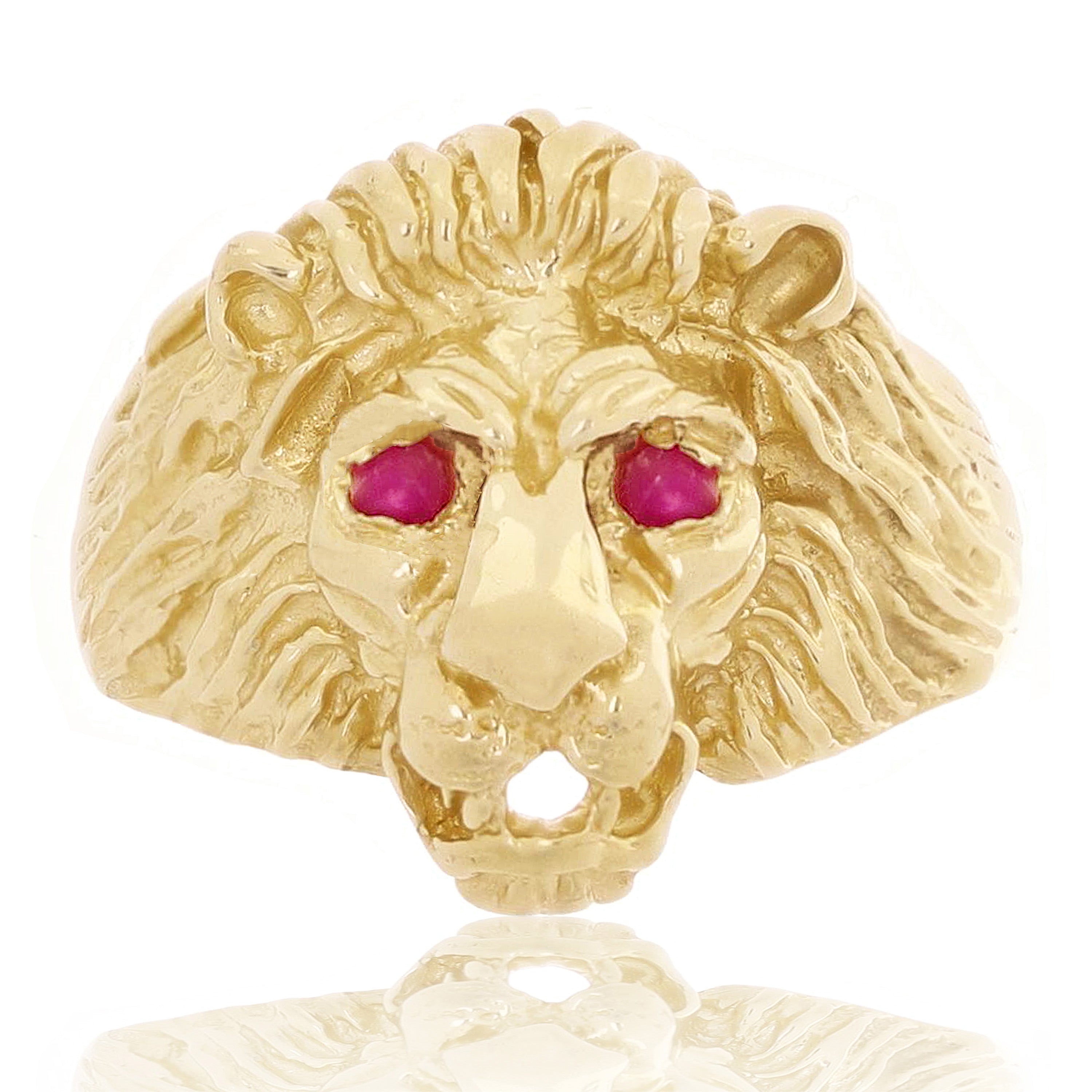 Men's 14k Yellow Gold Lion Head Ring with Ruby Eyes Size 7 - Ring Size 7
