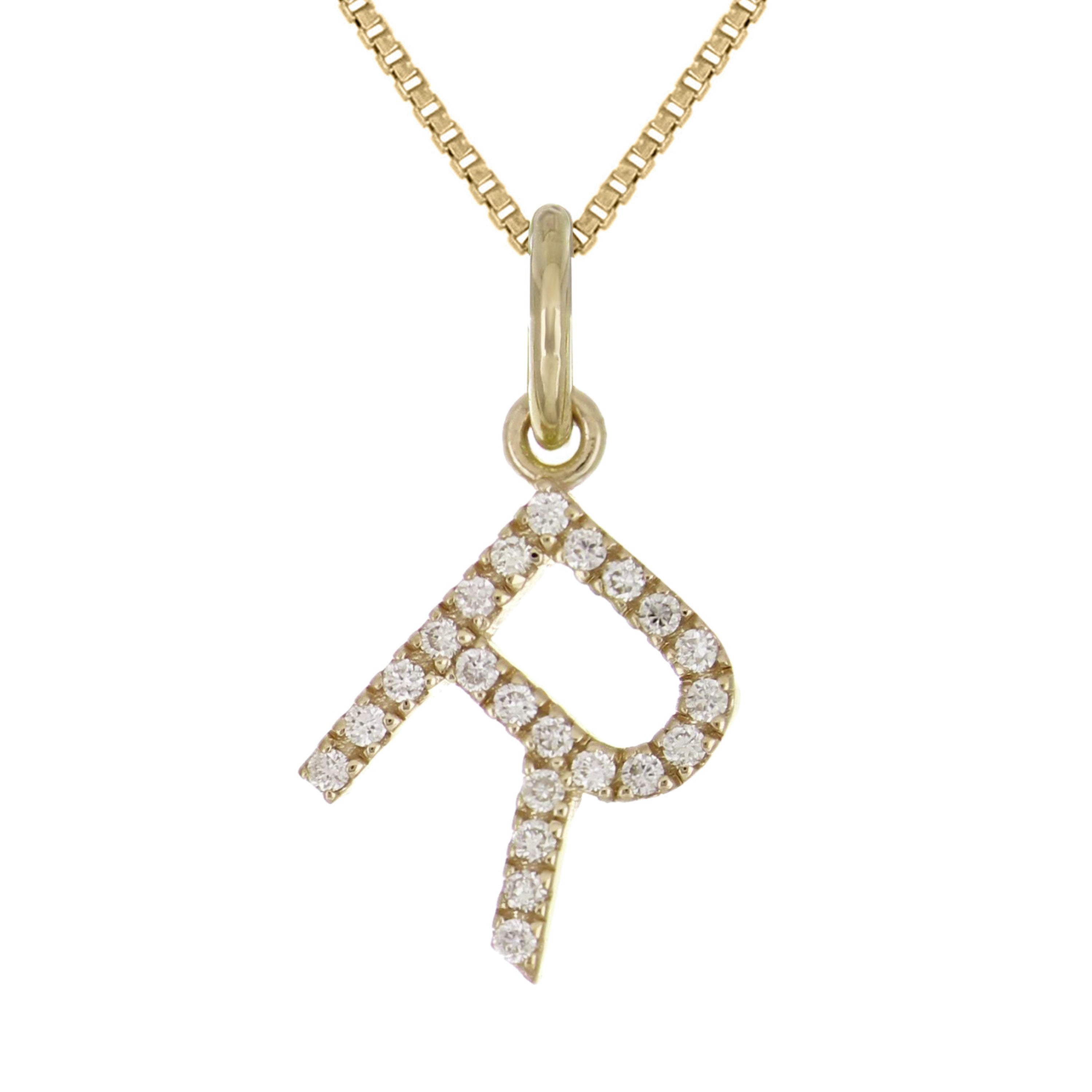 14k Yellow Gold Diamond Initial Letter R Charm Pendant Necklace 18" - Letter R,Yellow