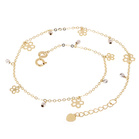 Italian 14k Two Tone Gold Flower & Ball Beads Charm Anklet/Bracelet 10