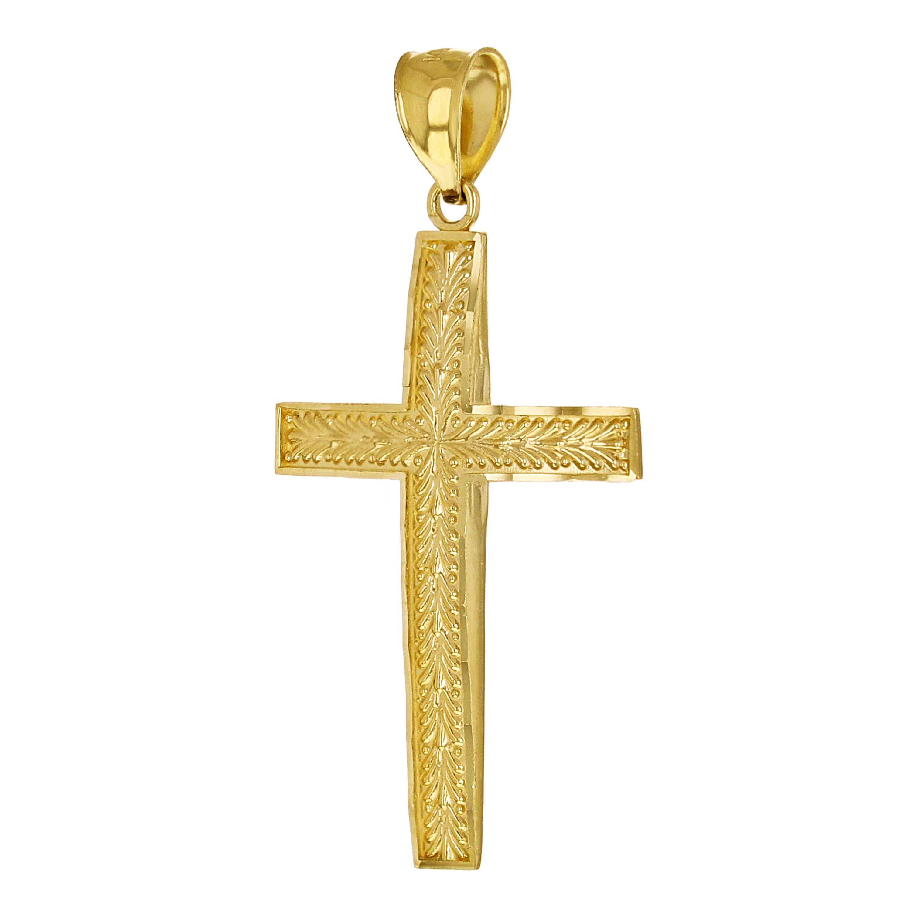 14k Yellow Gold Solid Diamond Cut Leaf Pattern Cross Pendant 1.7" 2.5 grams