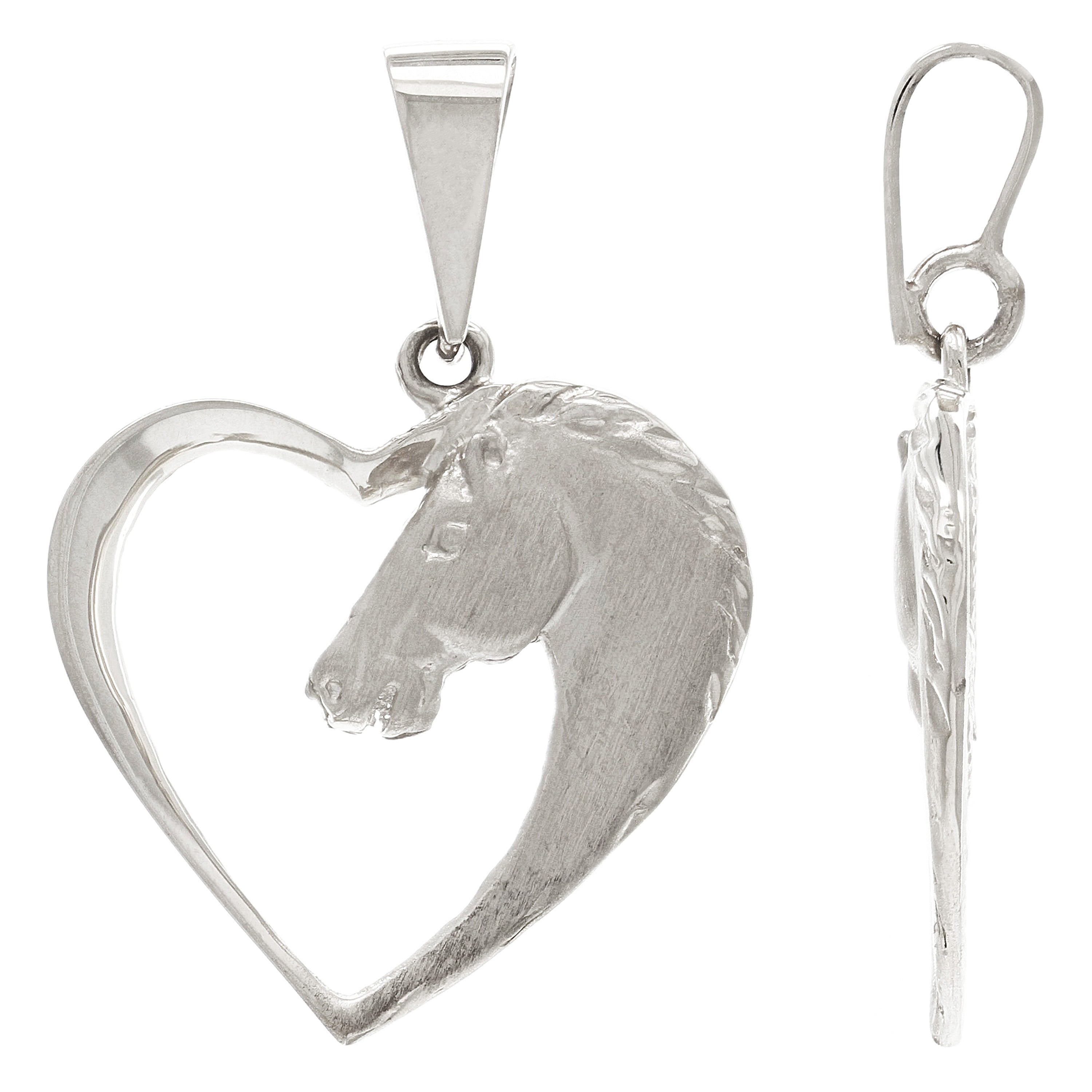 14k White Gold Horse Face Open Heart Horse Head Charm Pendant 1.3" 2.7 grams