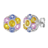 14k White Gold Multi Color Sapphire Gemstone Bouquet Flower Cluster Studs