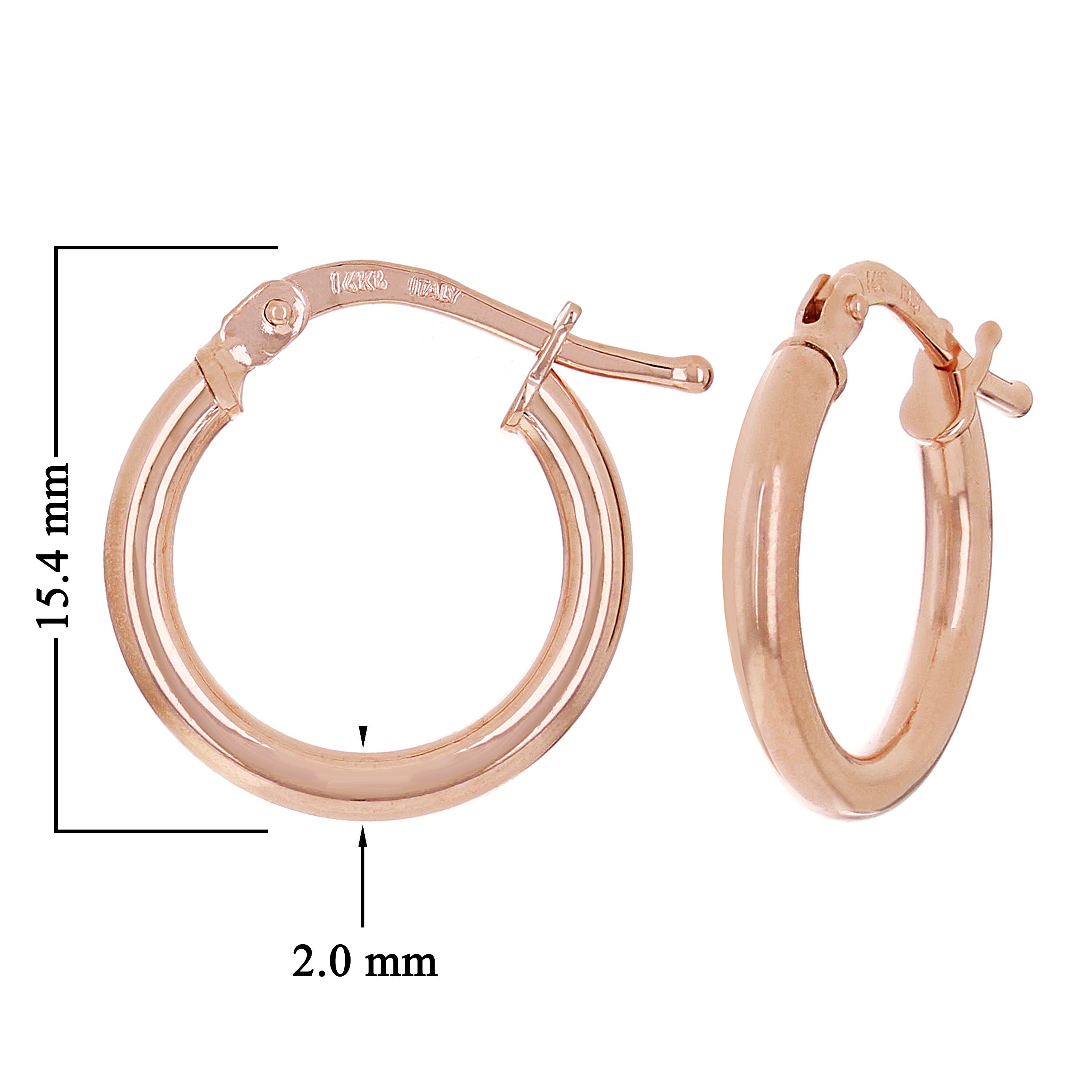Italian 14k Rose Gold High Polished Plain Hollow Hoop Earrings 15.4 x 2mm 1 gram - Rose,Size 0.5" 1 grams